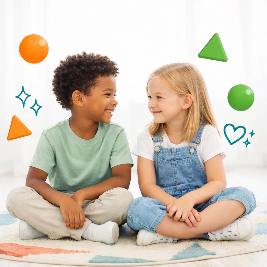 Two diverse children talking and smiling, practicing emotional intelligence from online life skills classes.