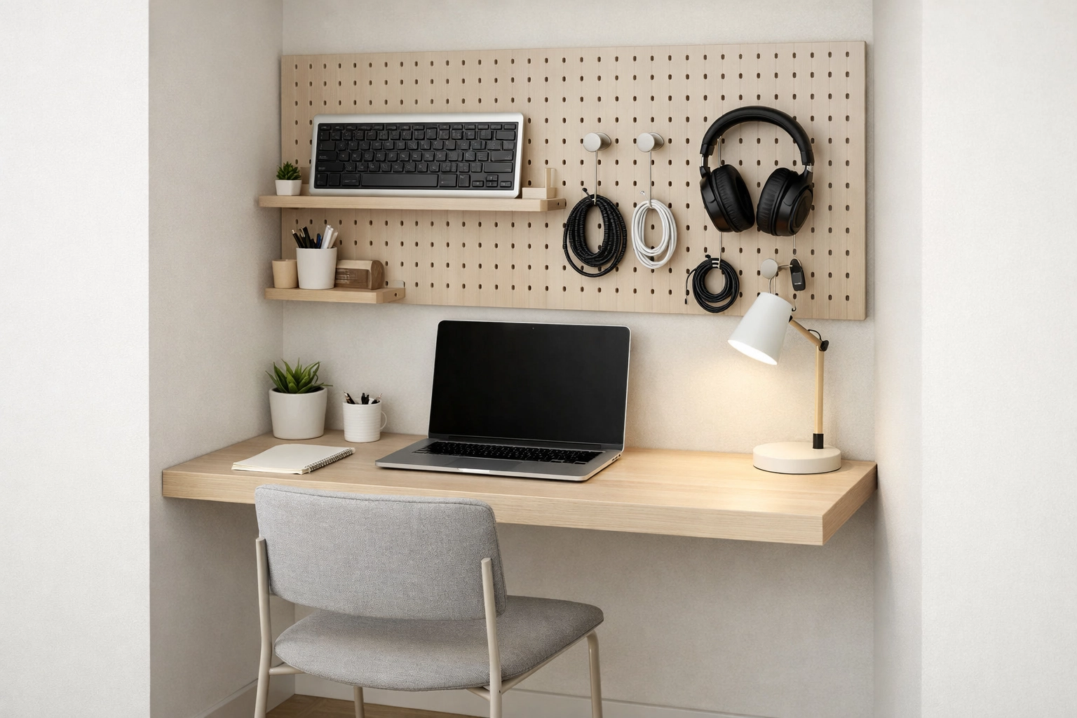 Ultra-compact home office with a wall-mounted floating desk and pegboard storage