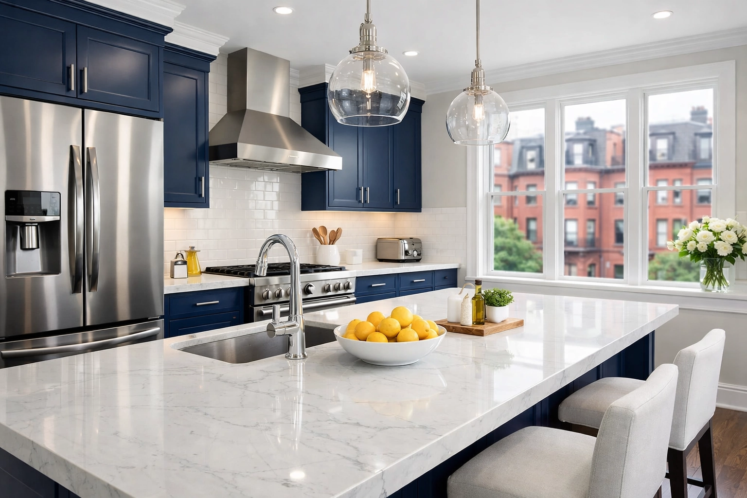 Spotless Boston apartment kitchen with gleaming countertops ready for professional move-in cleaning.