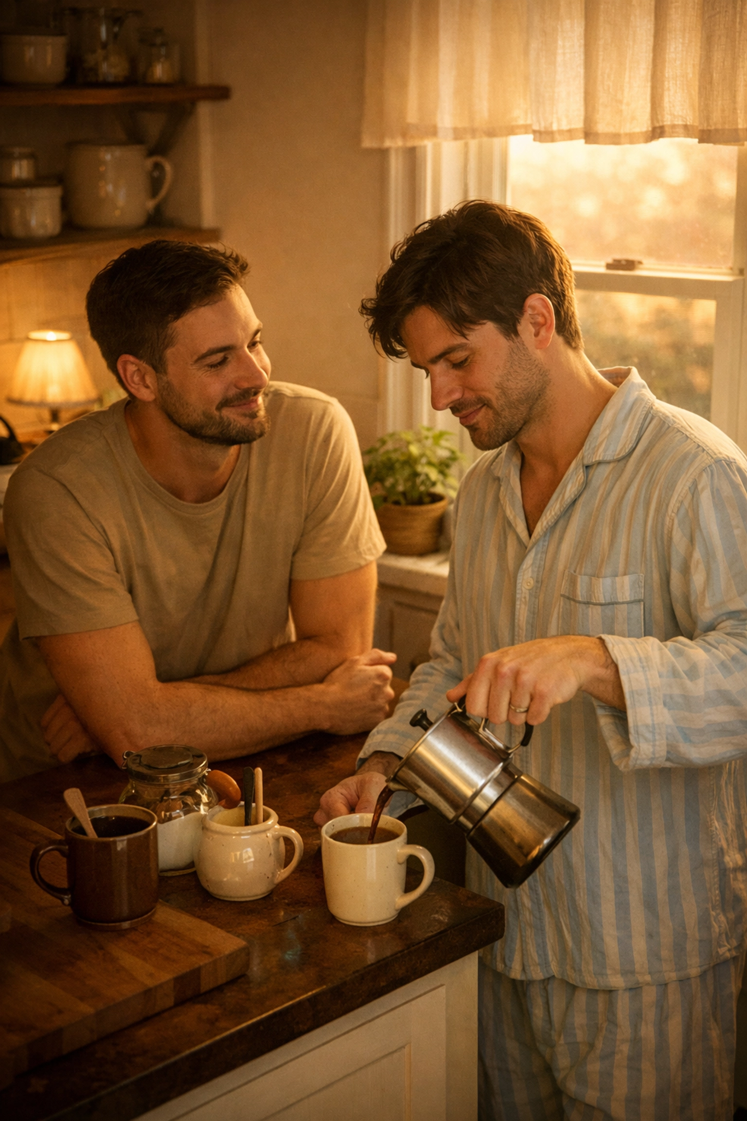 Gay married couple sharing morning coffee ritual in their kitchen