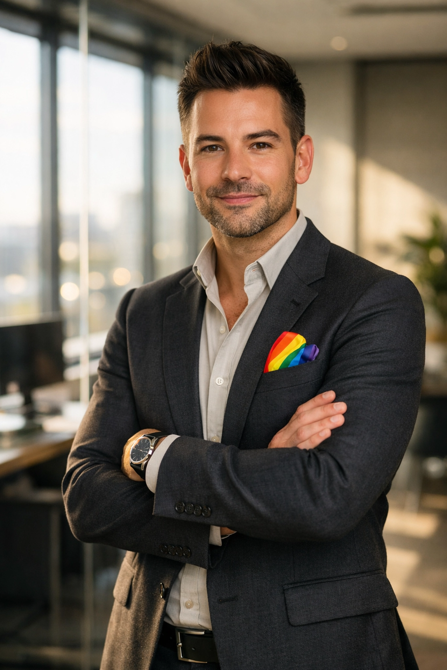 Confident gay professional in a modern office, representing queer leadership and workplace authenticity.