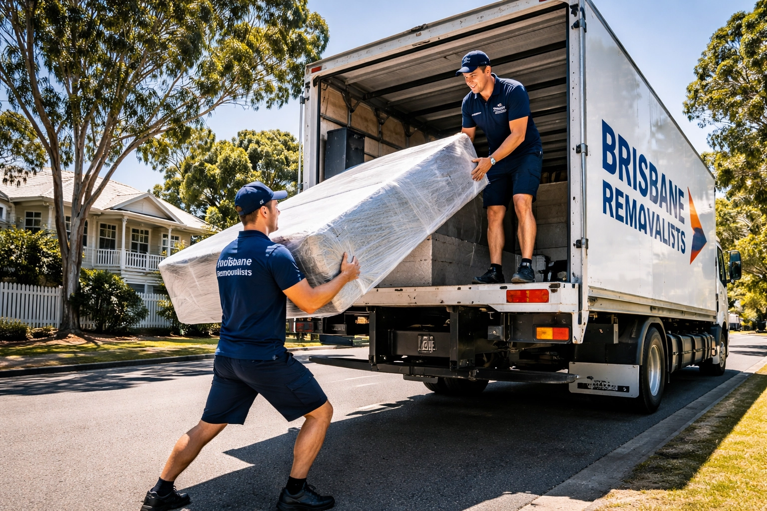 Brisbane removalists loading furniture onto a truck in a sunny suburban street, highlighting teamwork and professionalism.
