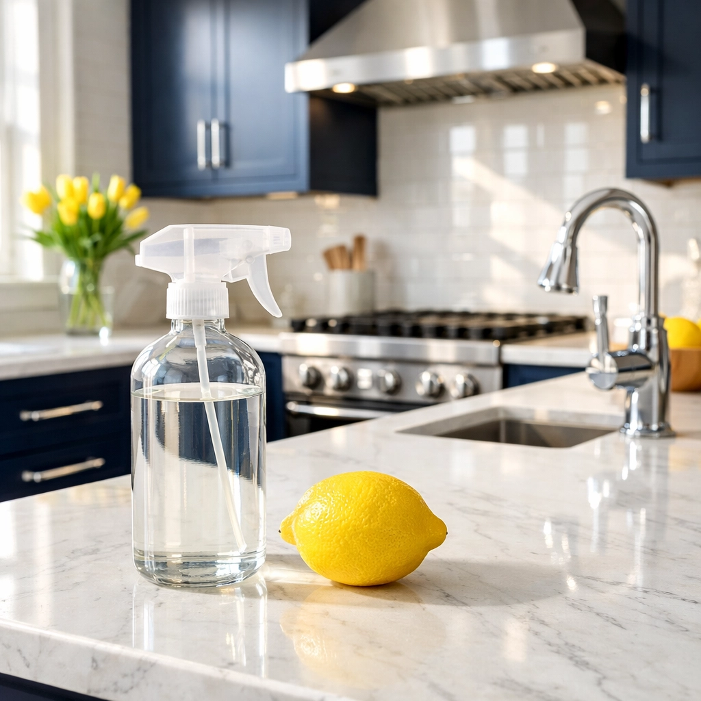 Eco-friendly deep cleaning in a Framingham kitchen with sparkling marble countertops and navy cabinets.