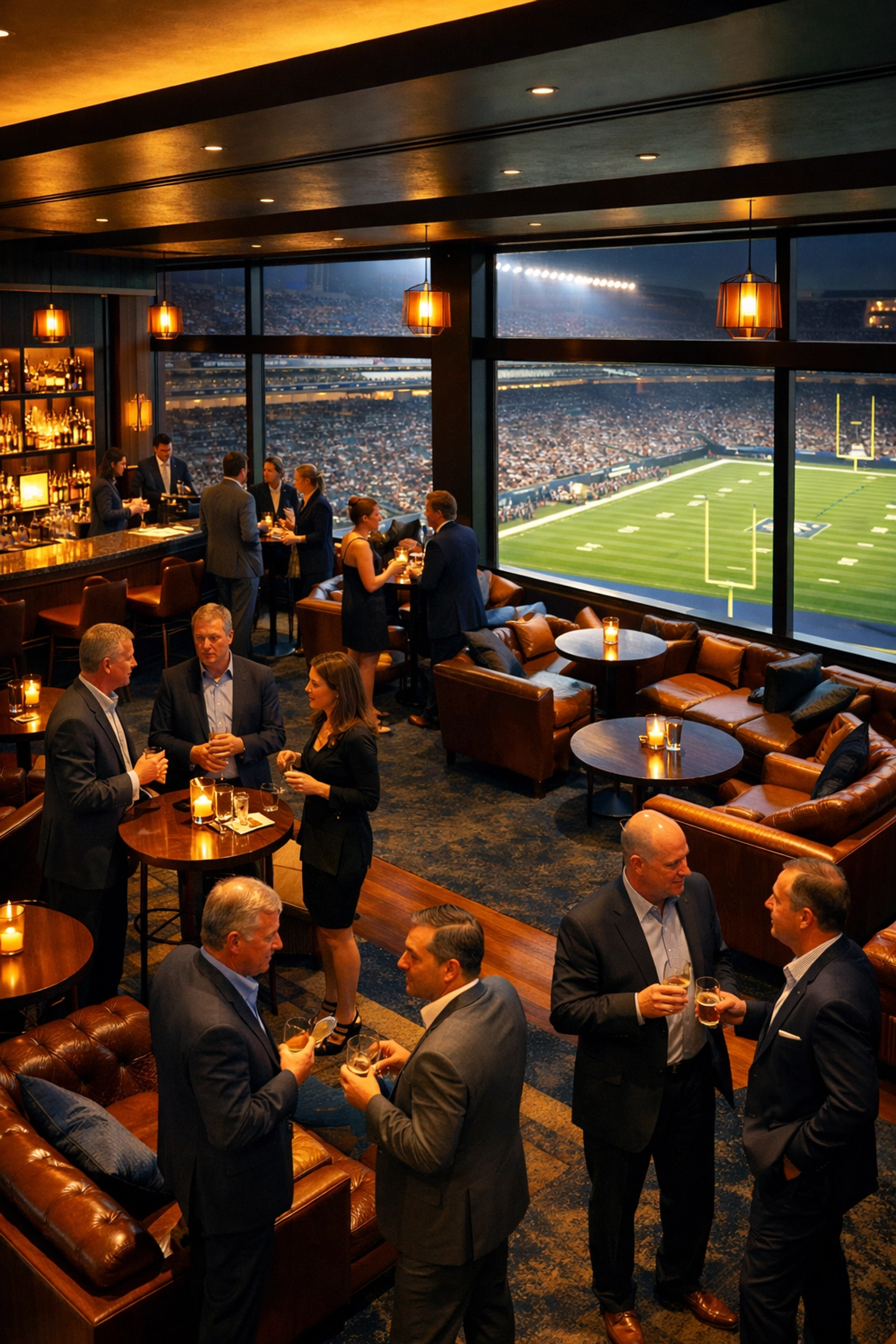 PRESS RELEASE: Super Bowl Brand Visibility Secrets Revealed: What Top CEOs Know About Turning VIP Hospitality Into Million-Dollar Business Opportunities Corporate executives networking in exclusive hospitality lounge with stadium field views