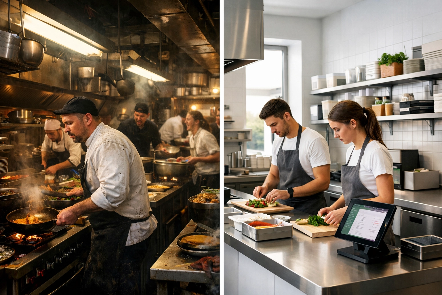 Traditional restaurant kitchen versus modern efficient restaurant space comparison