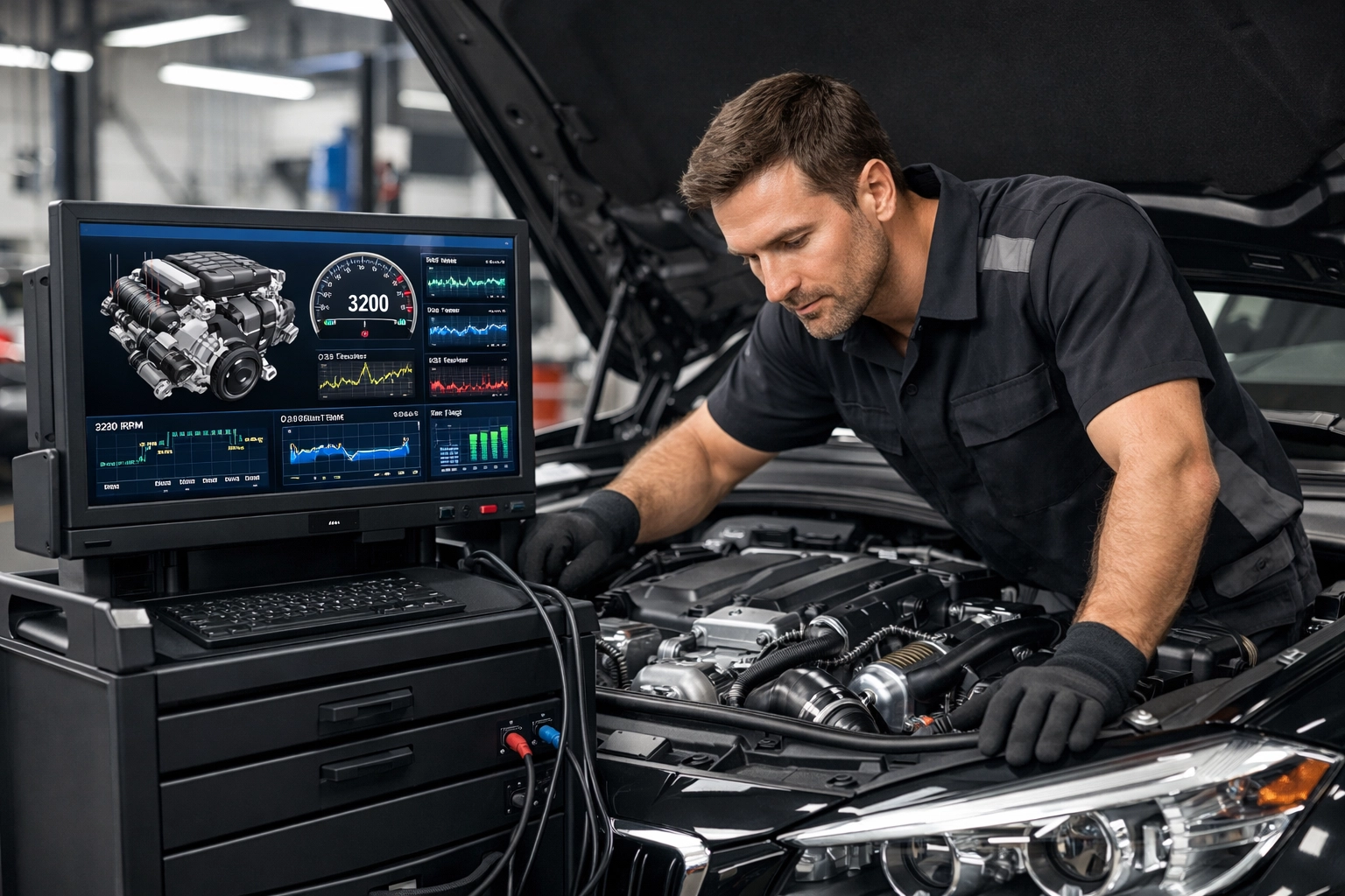Expert technician inspecting a car engine with advanced diagnostic tools at a San Antonio repair shop.