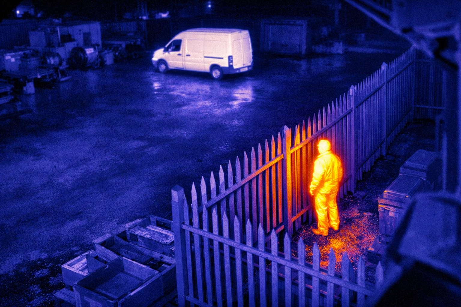Thermal imaging security camera detecting a person's heat signature near a UK industrial yard perimeter.