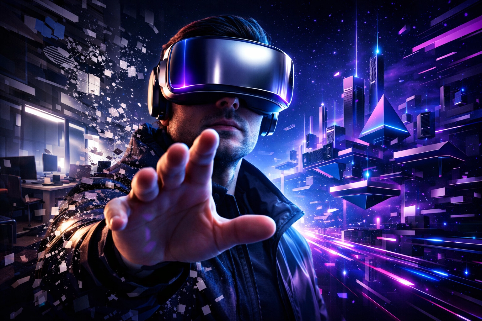 Professional wearing a VR headset experiencing immersive learning as a virtual workspace appears.