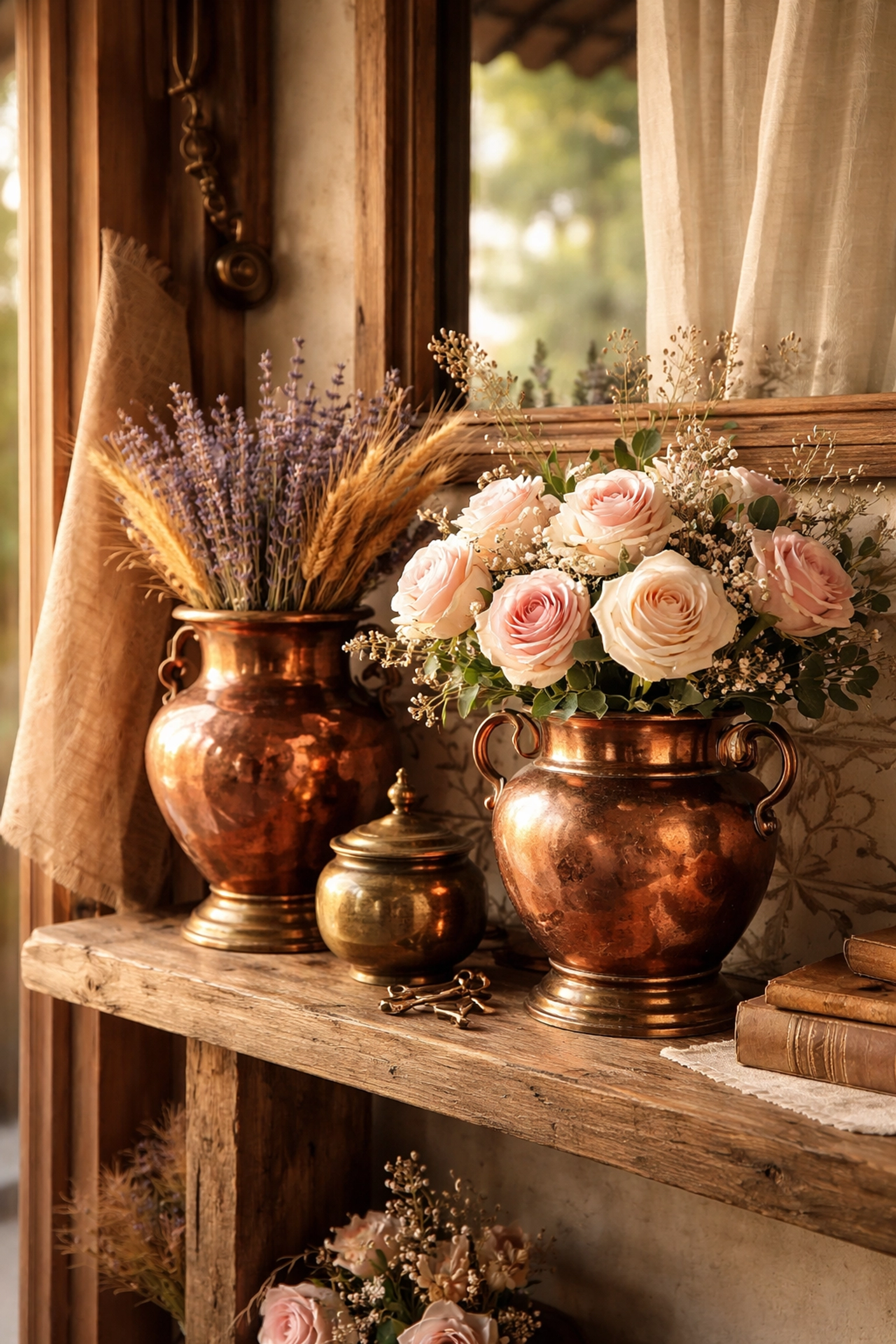 Copper and brass urns with dried and fresh flowers on a rustic wood shelf for artisan entryway decoration