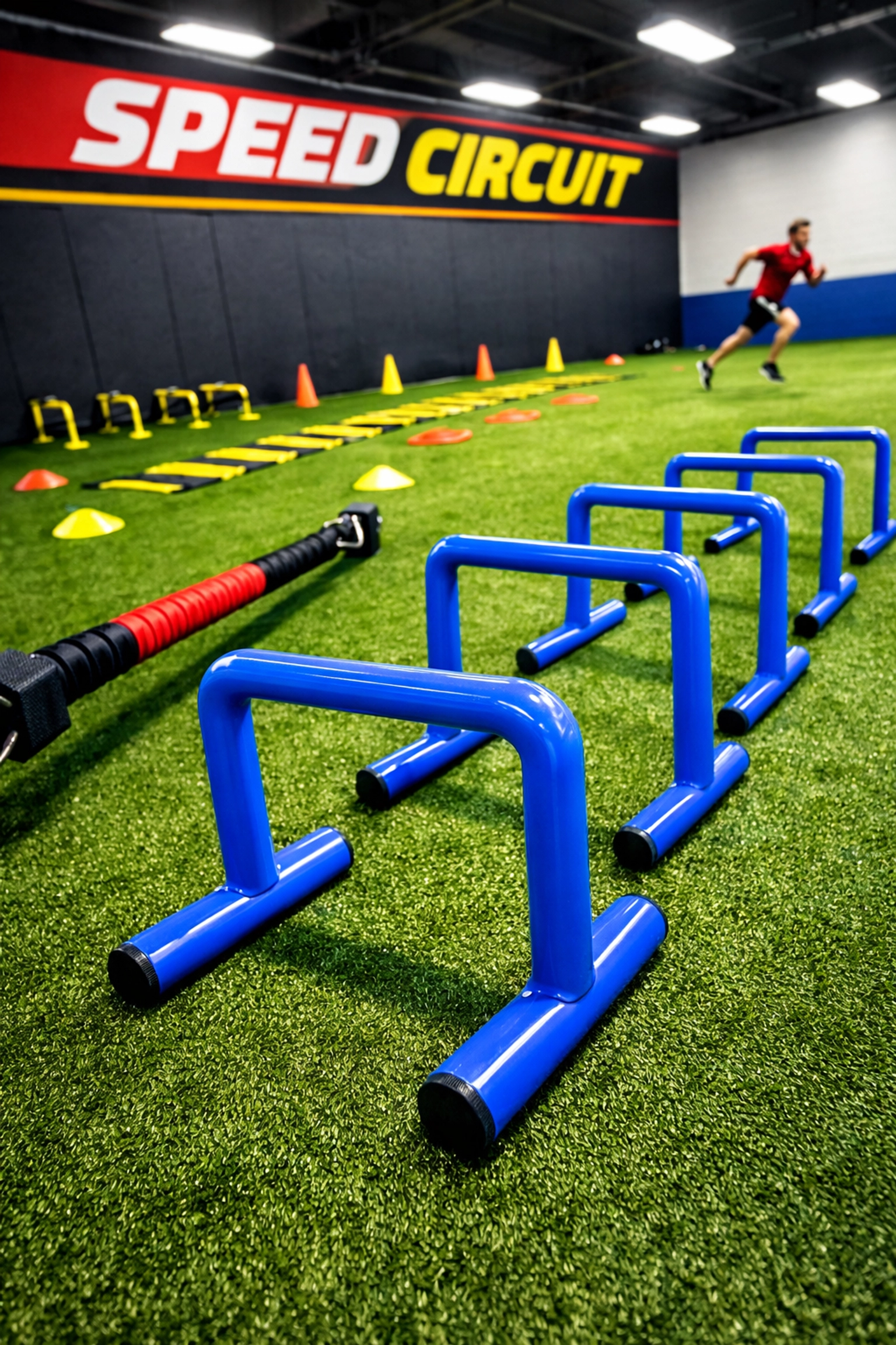 Preseason speed circuit featuring blue hurdles and resistance bands for explosive athletic power.