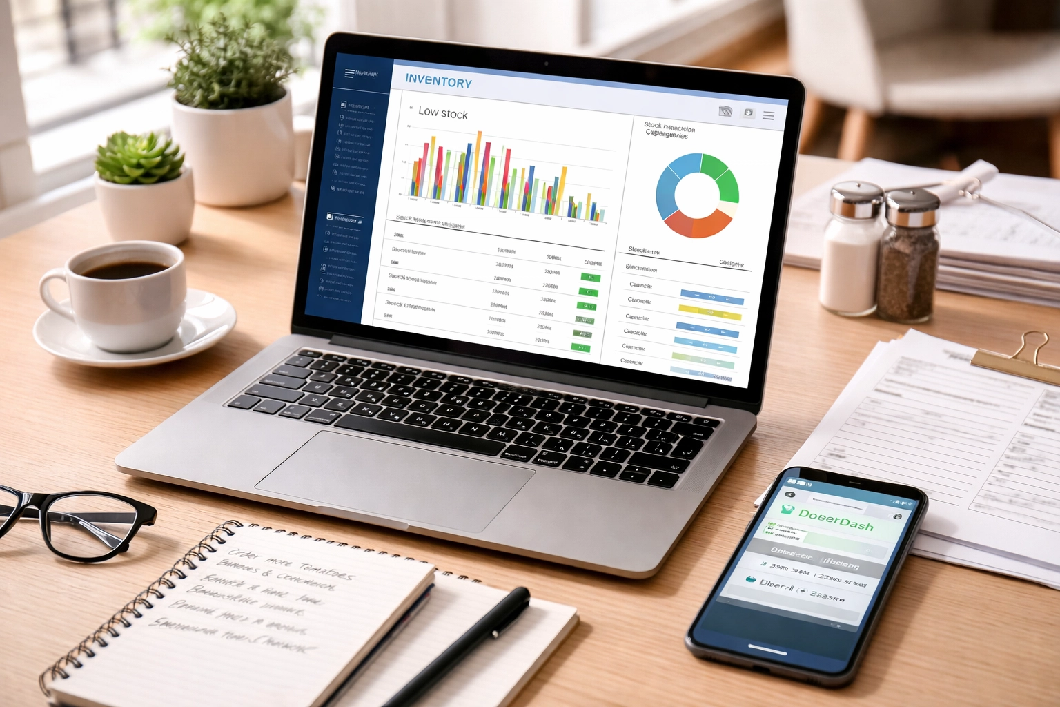 Restaurant inventory management software on laptop displaying stock levels and ordering data