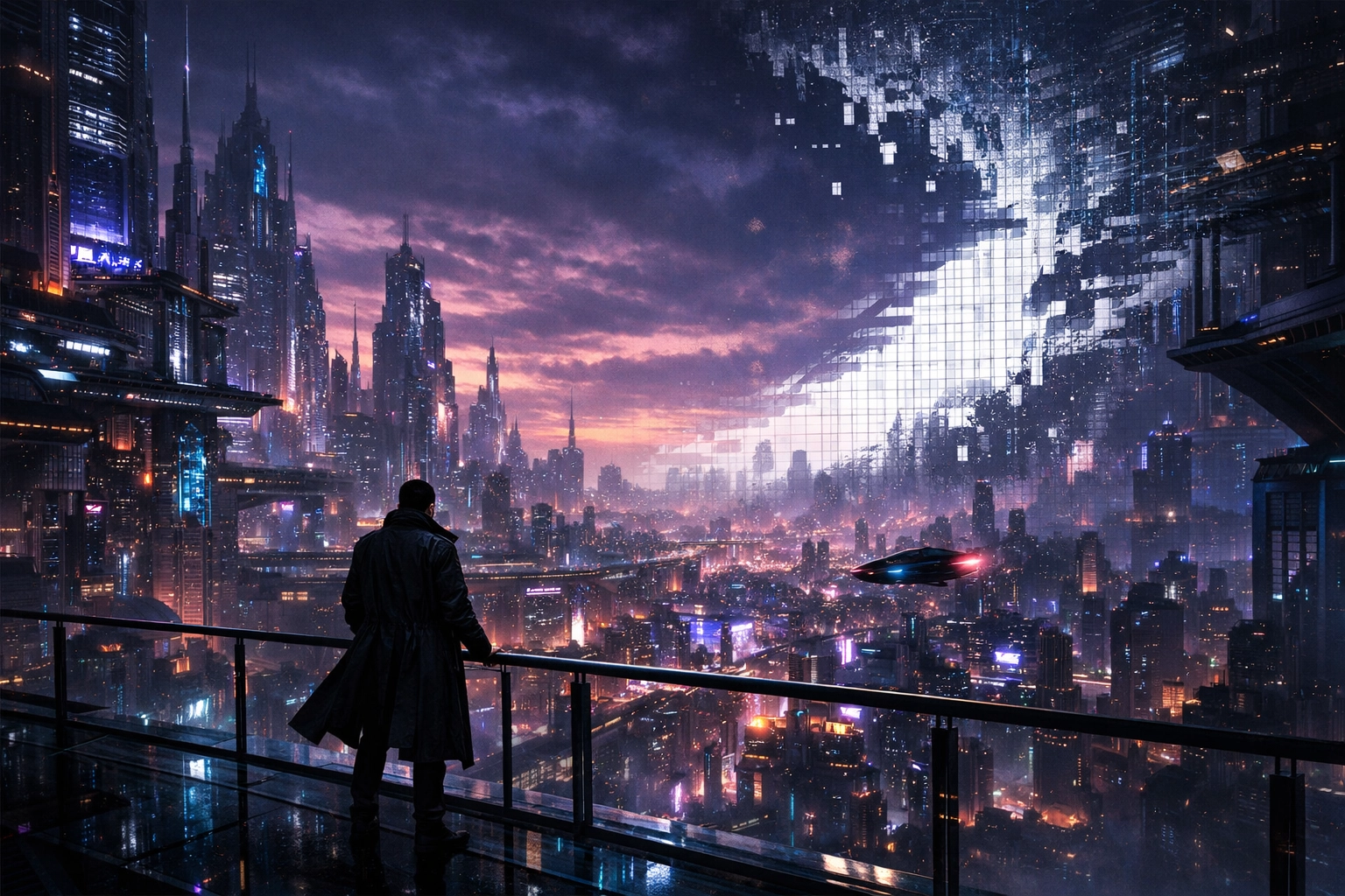 Lone figure overlooking a cyberpunk city with a pixelated sky, capturing the dystopian vibe of best sci-fi books.