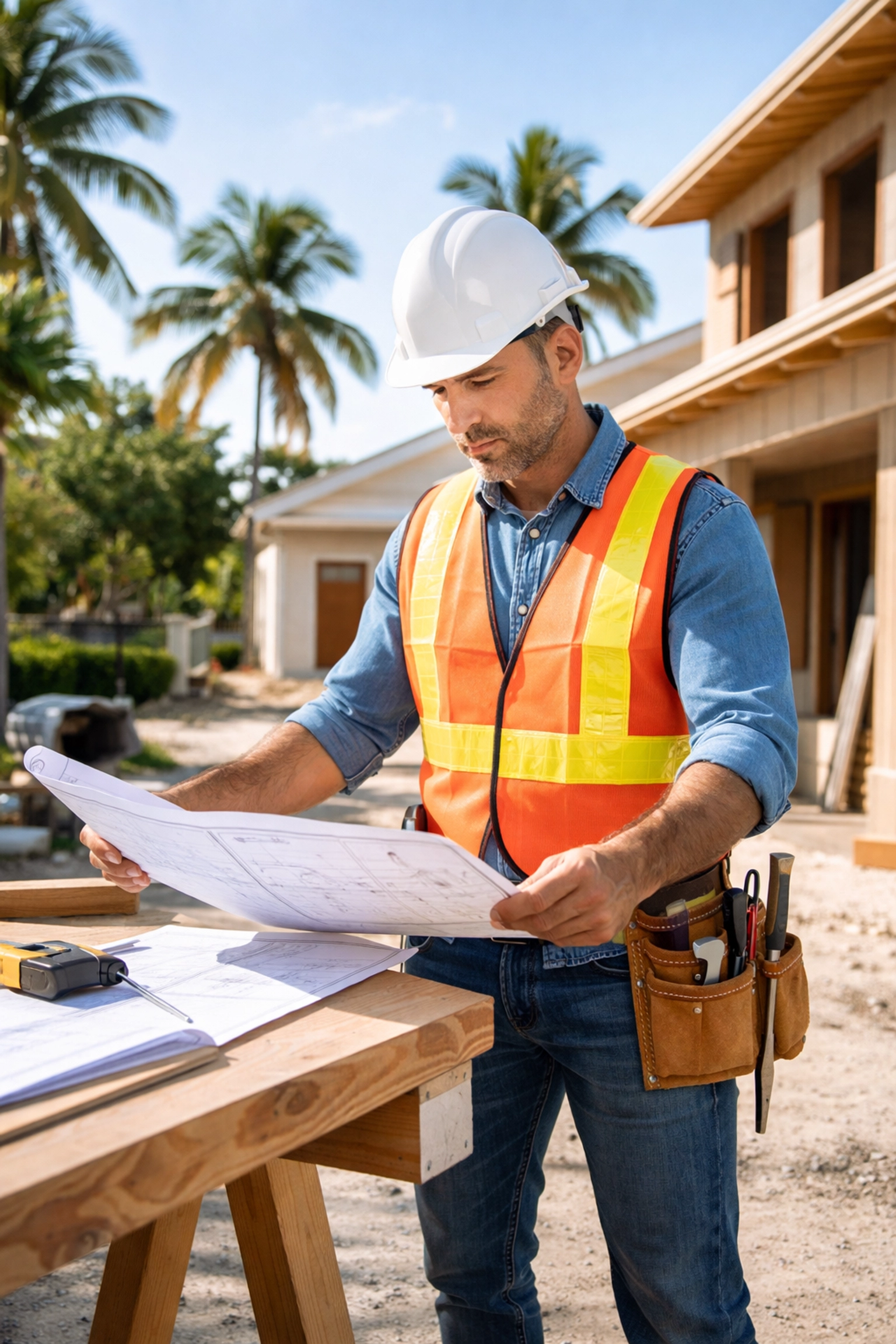 Florida construction contractor reviewing blueprints on a job site, highlighting general liability needs