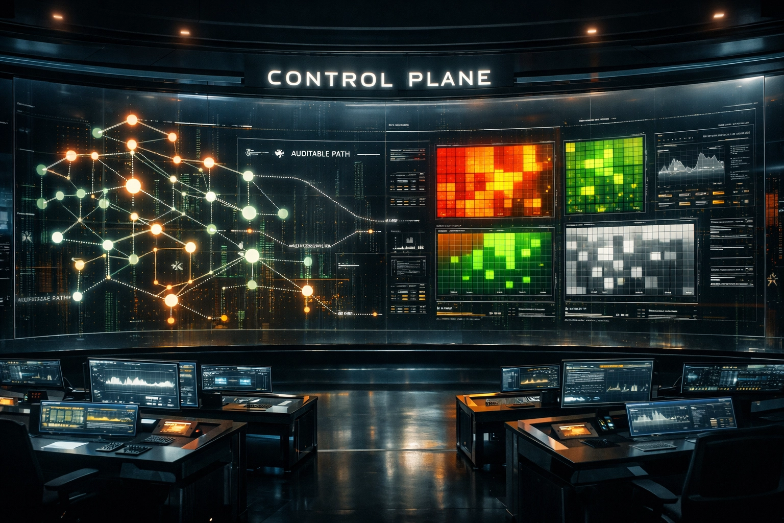 AI Control Plane command center illustrating auditable automation and risk management in capital markets.