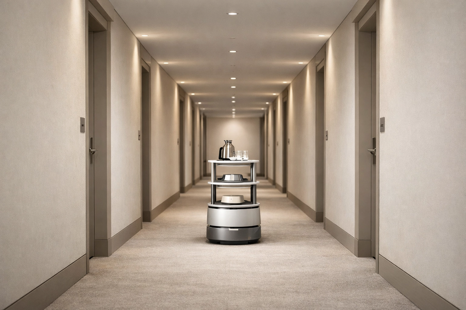 An autonomous service robot in a modern hotel corridor, highlighting automated operations.