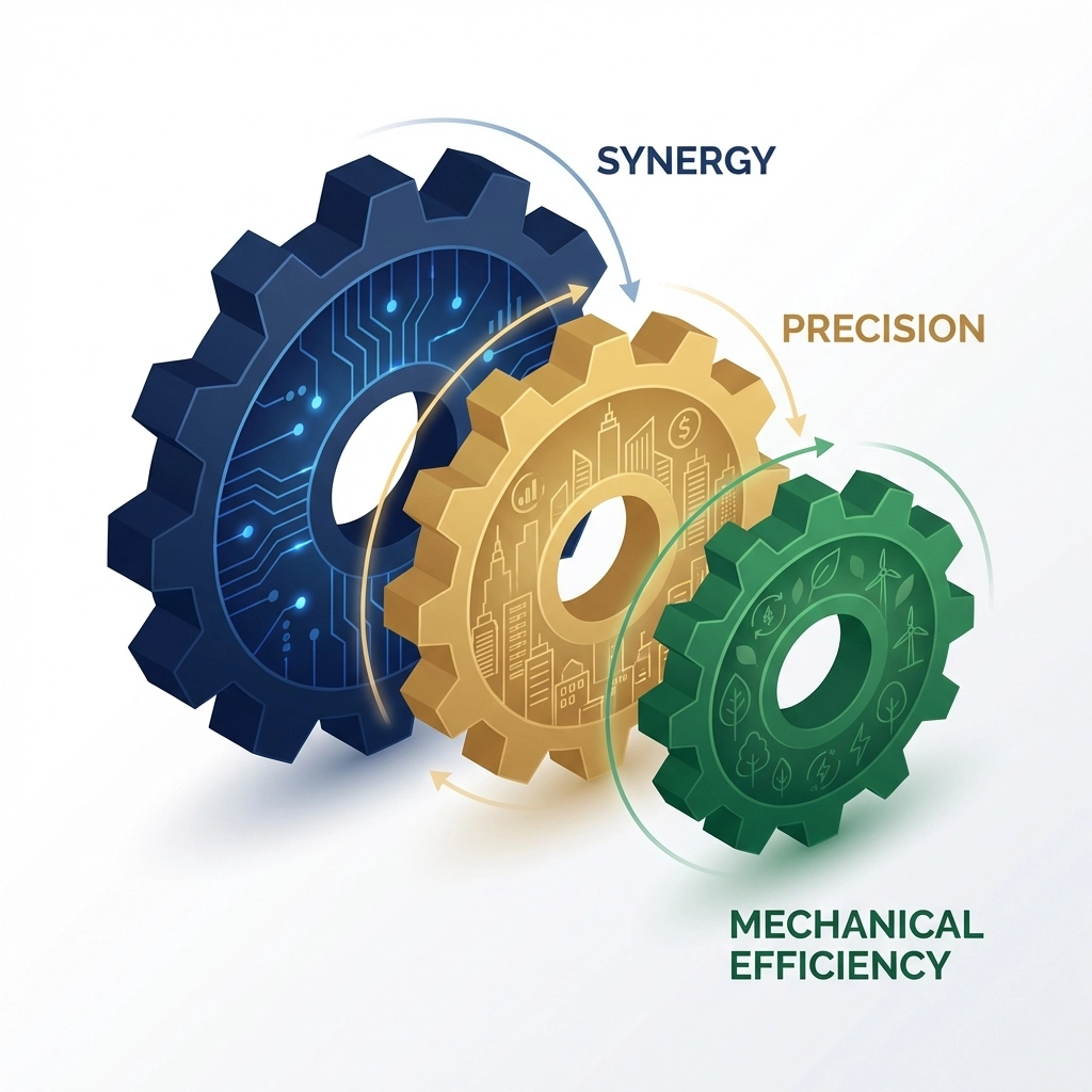 Three interlocking gears representing equities, fixed income, and alternatives working together for diversified investment strategy.