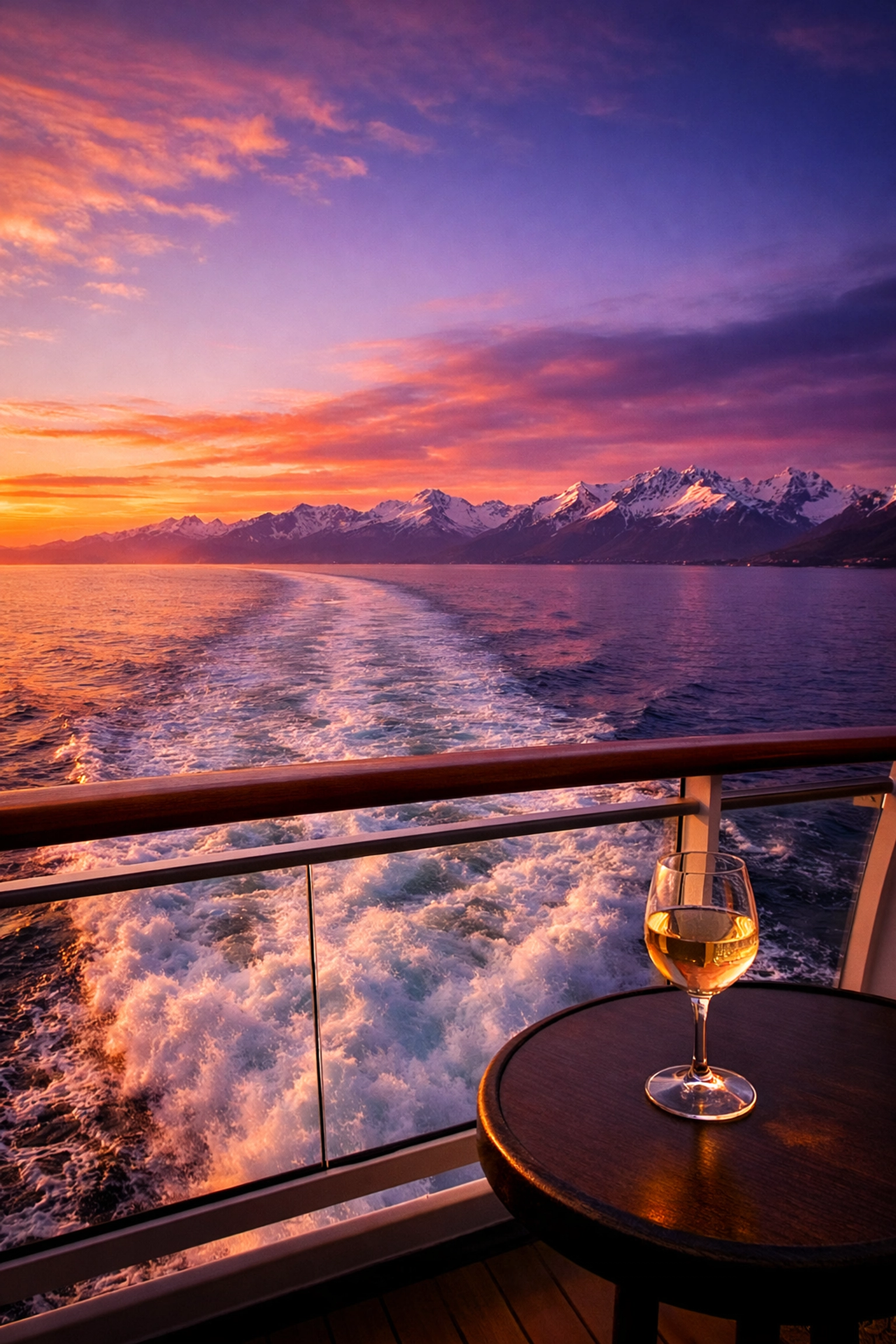 Sunset view from a cruise ship aft balcony overlooking the ocean wake and snow-capped Alaskan mountains.