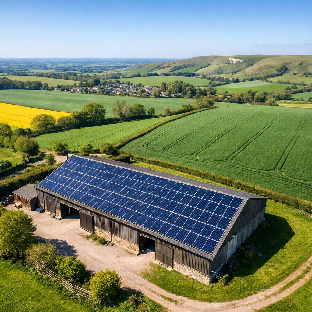 Aerial view of a large solar panel array installed on a traditional barn in rural Wiltshire.