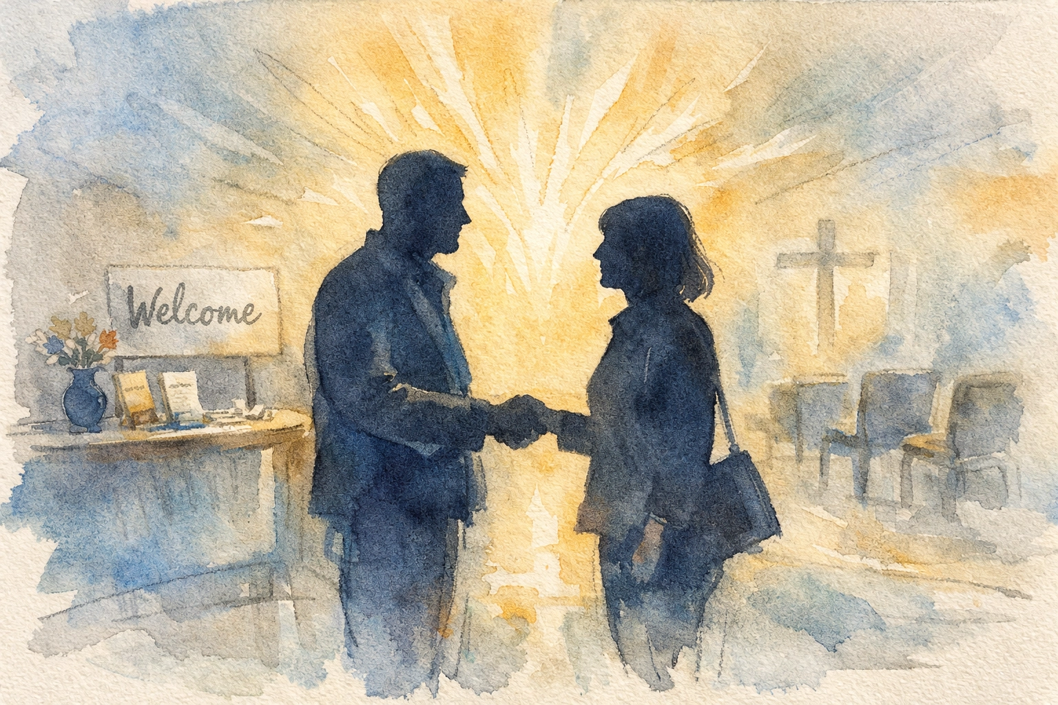 Church lobby showing greeter connecting with guest demonstrating hospitality ministry