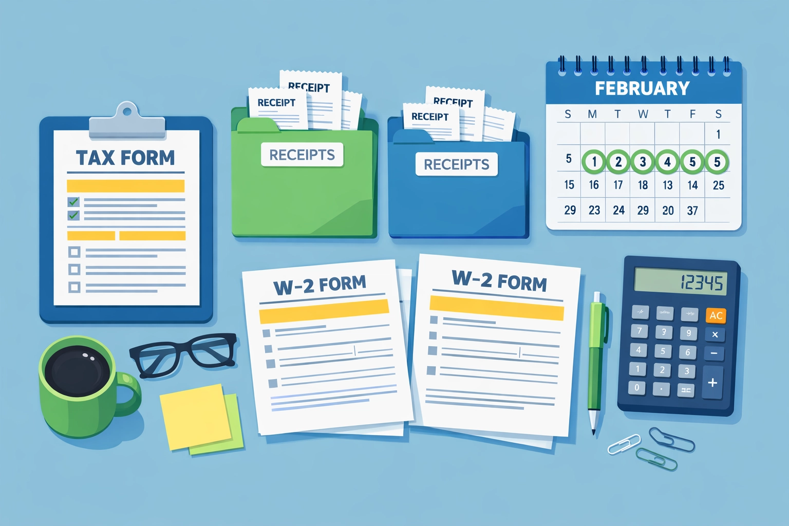 Organized tax documents and W-2 forms on desk ready for early 2026 tax filing