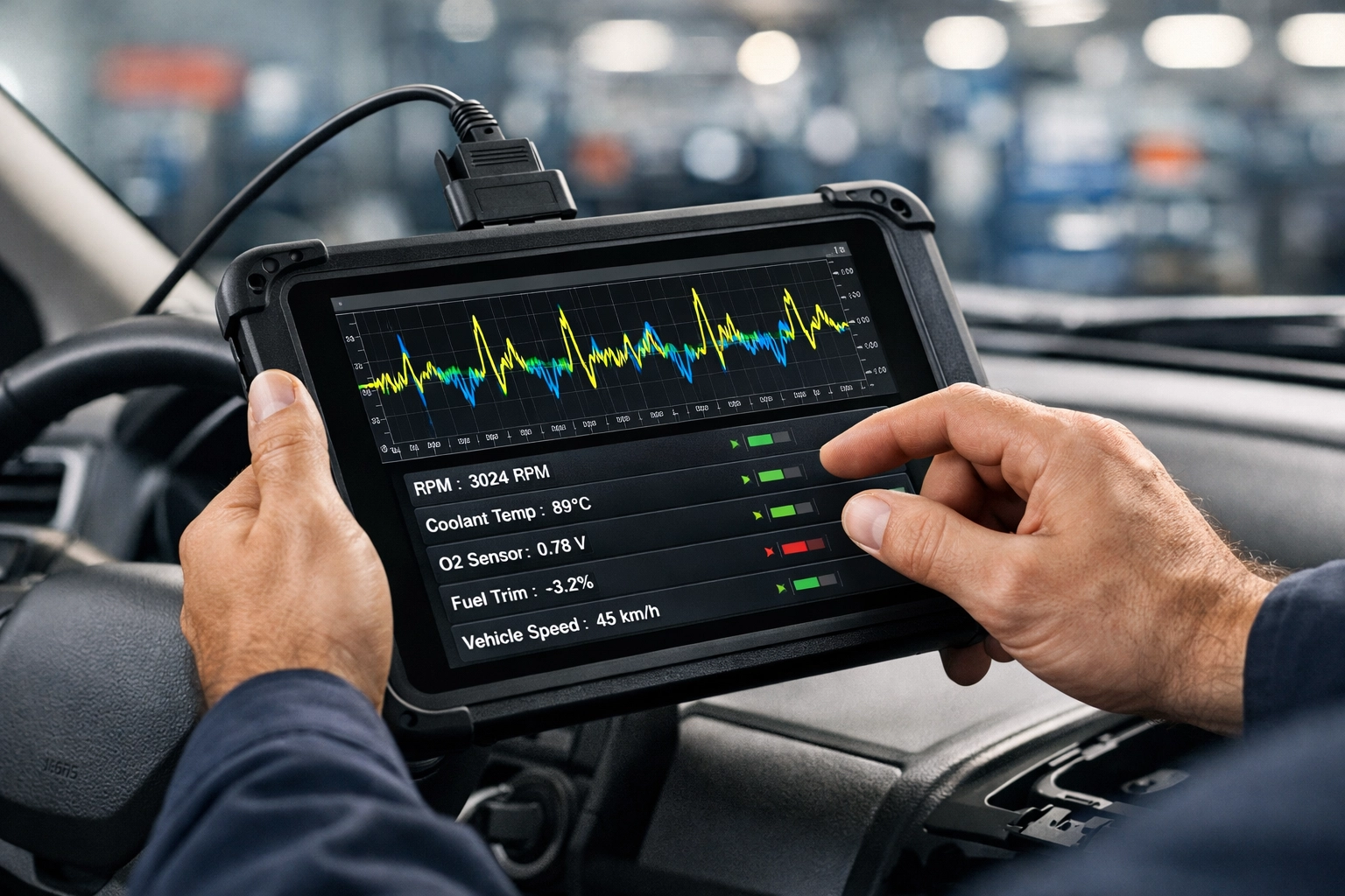 Technician performing car diagnostics in Calgary using high-end electrical troubleshooting tools.
