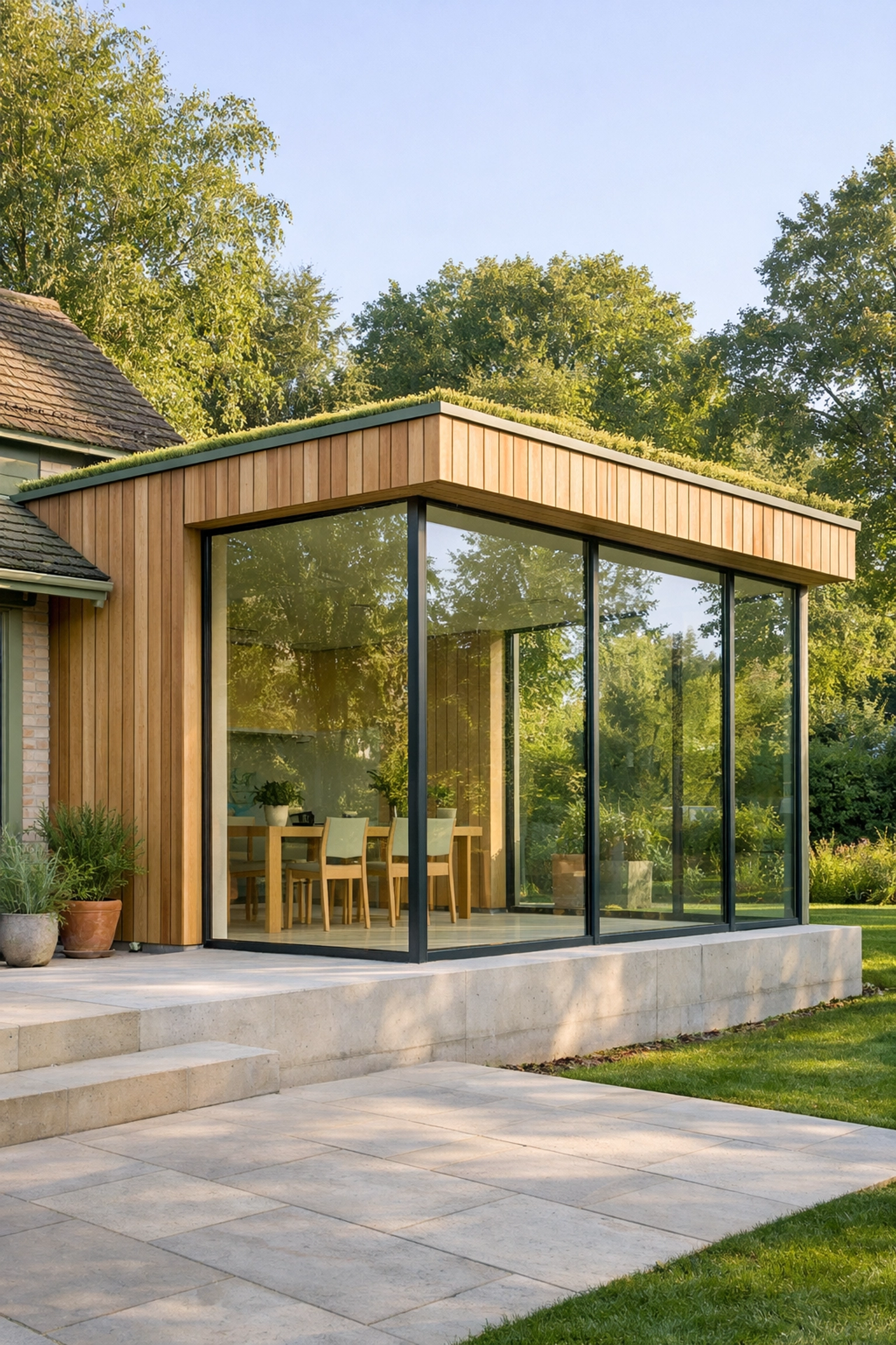 Sustainable residential architecture in Surrey featuring a modern extension with cedar cladding and glass.