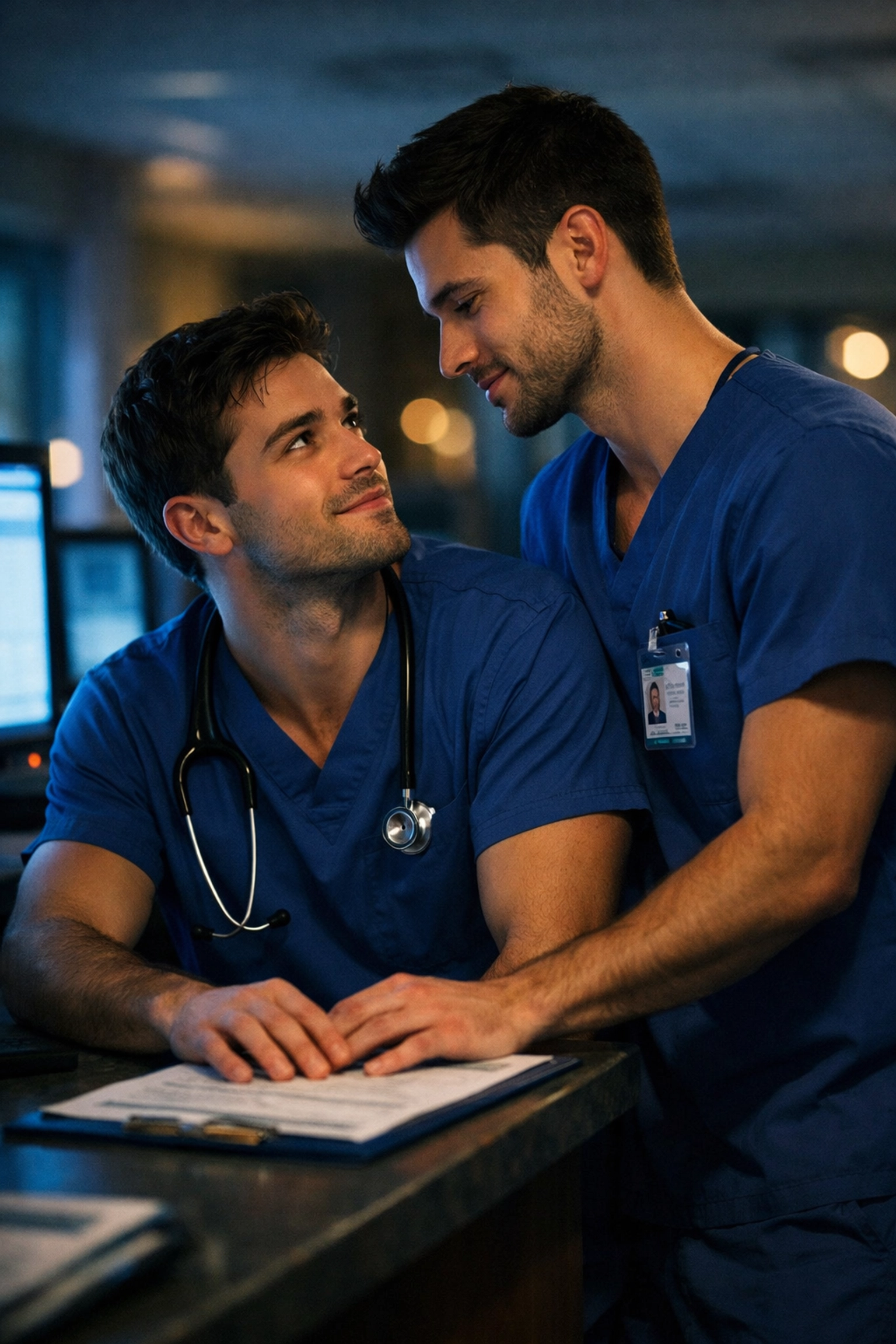 Two male nurses in medical scrubs share a quiet, romantic moment during a slow burn mm romance night shift.