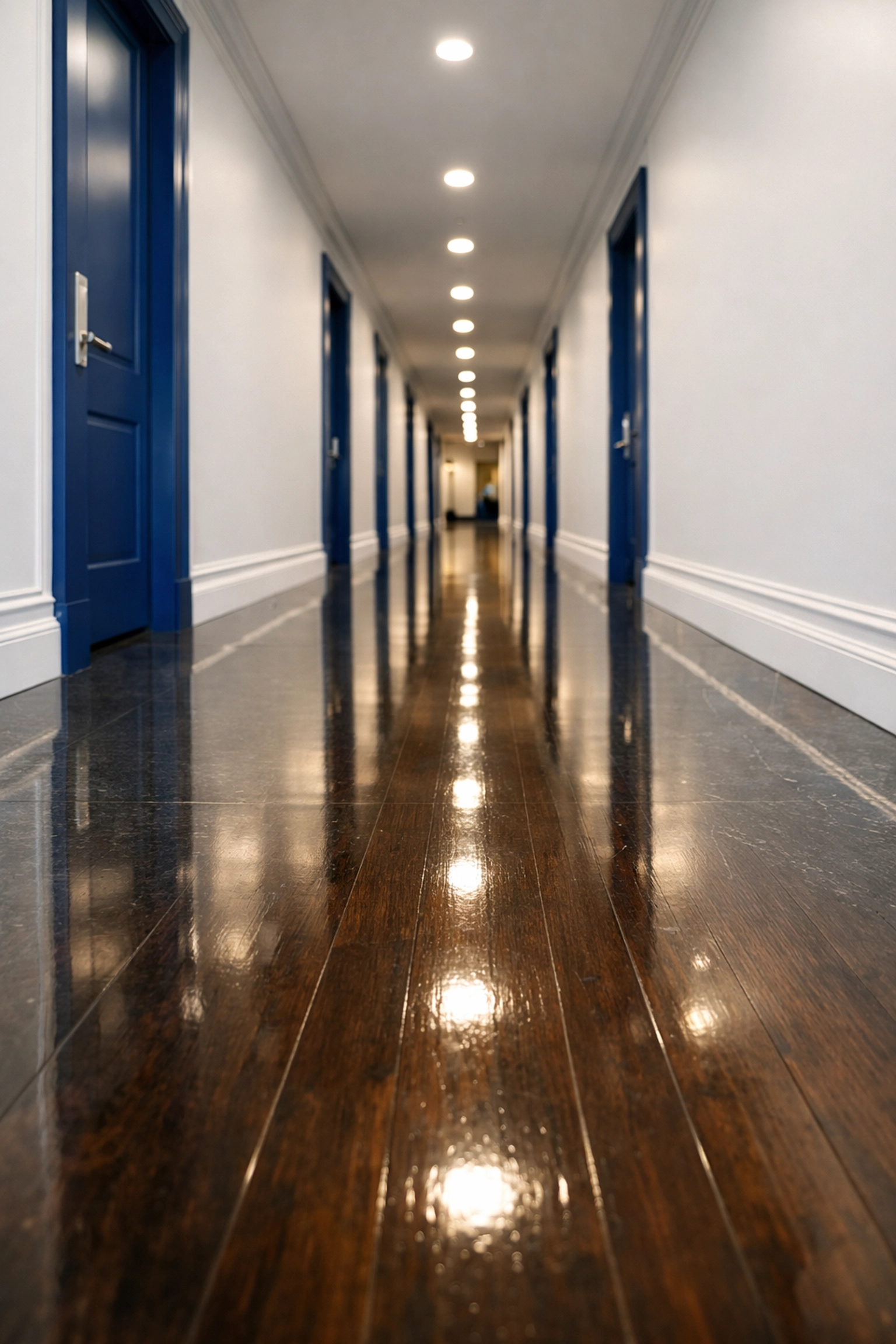 Polished commercial hallway floor with a mirror-like finish showing professional janitorial results.