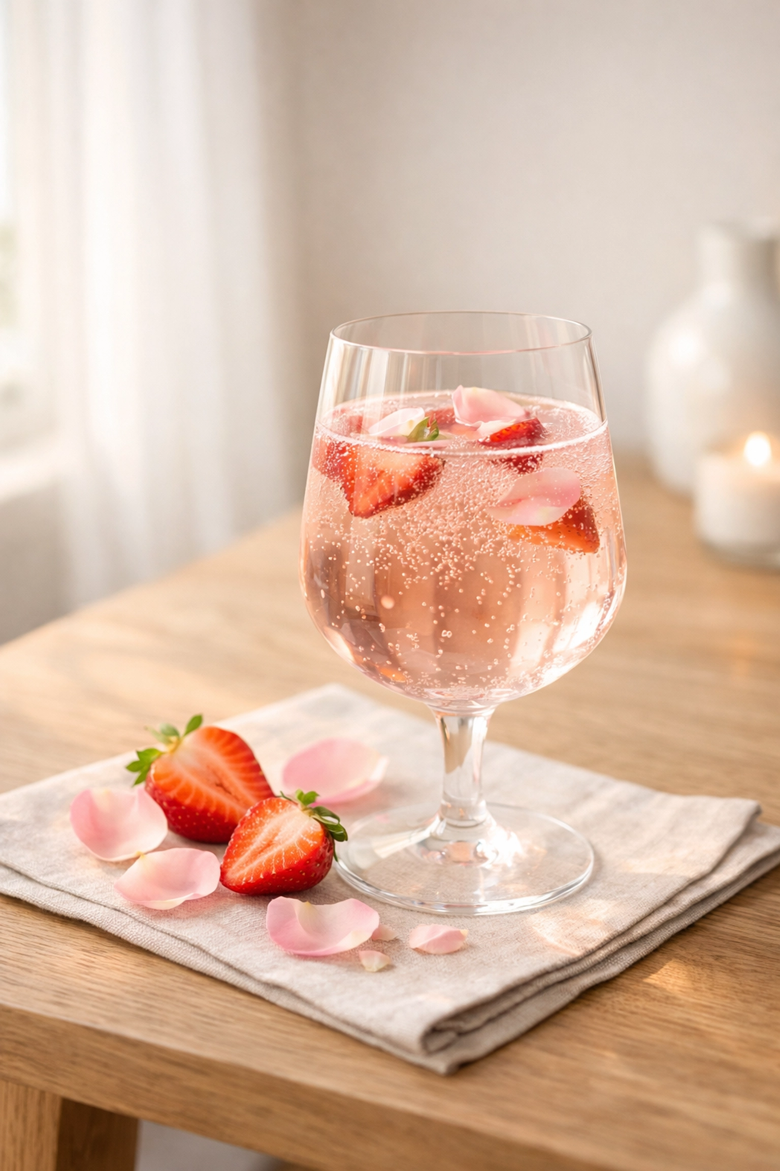 A refreshing pink adaptogen drink with rose and strawberries, supporting skin wellness and a moment of zen.
