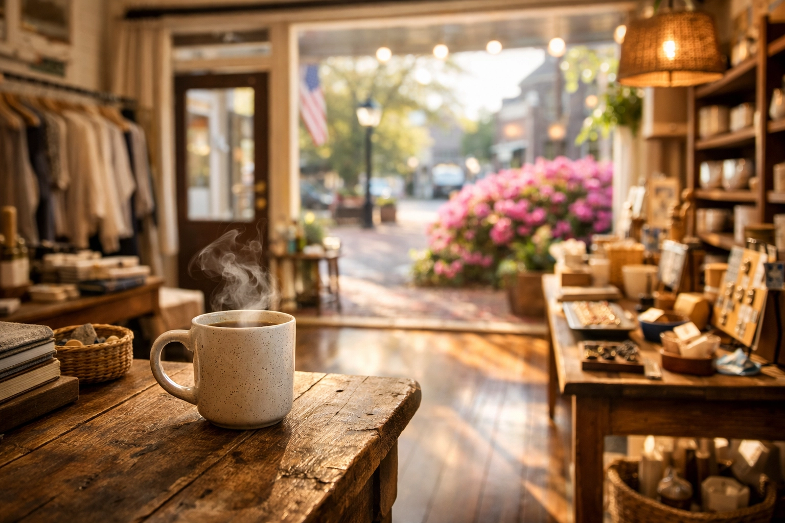 Sun-drenched interior of a local Summerville boutique, highlighting marketing strategies for community town events.