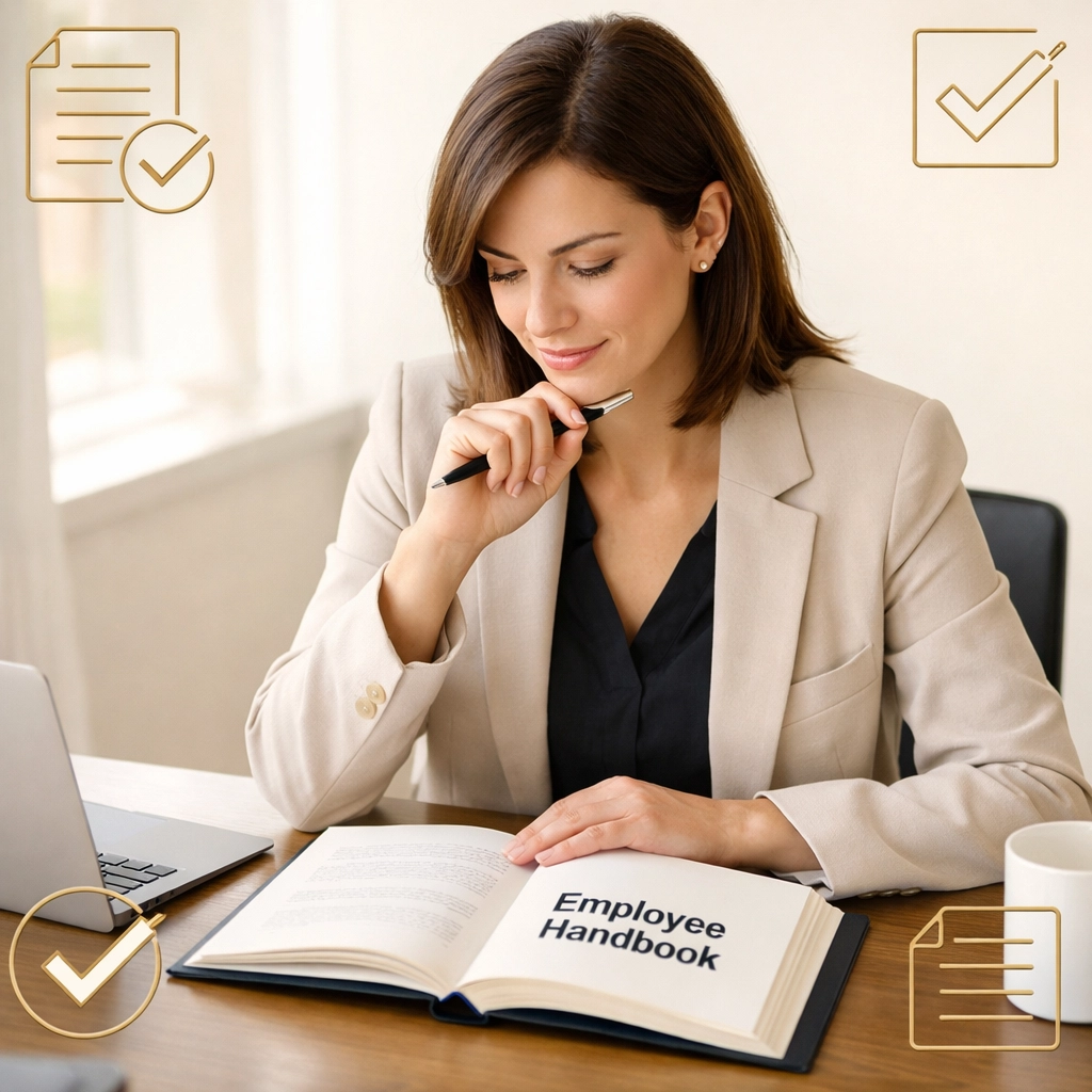 Business owner reviewing employee handbook to update HR policies proactively