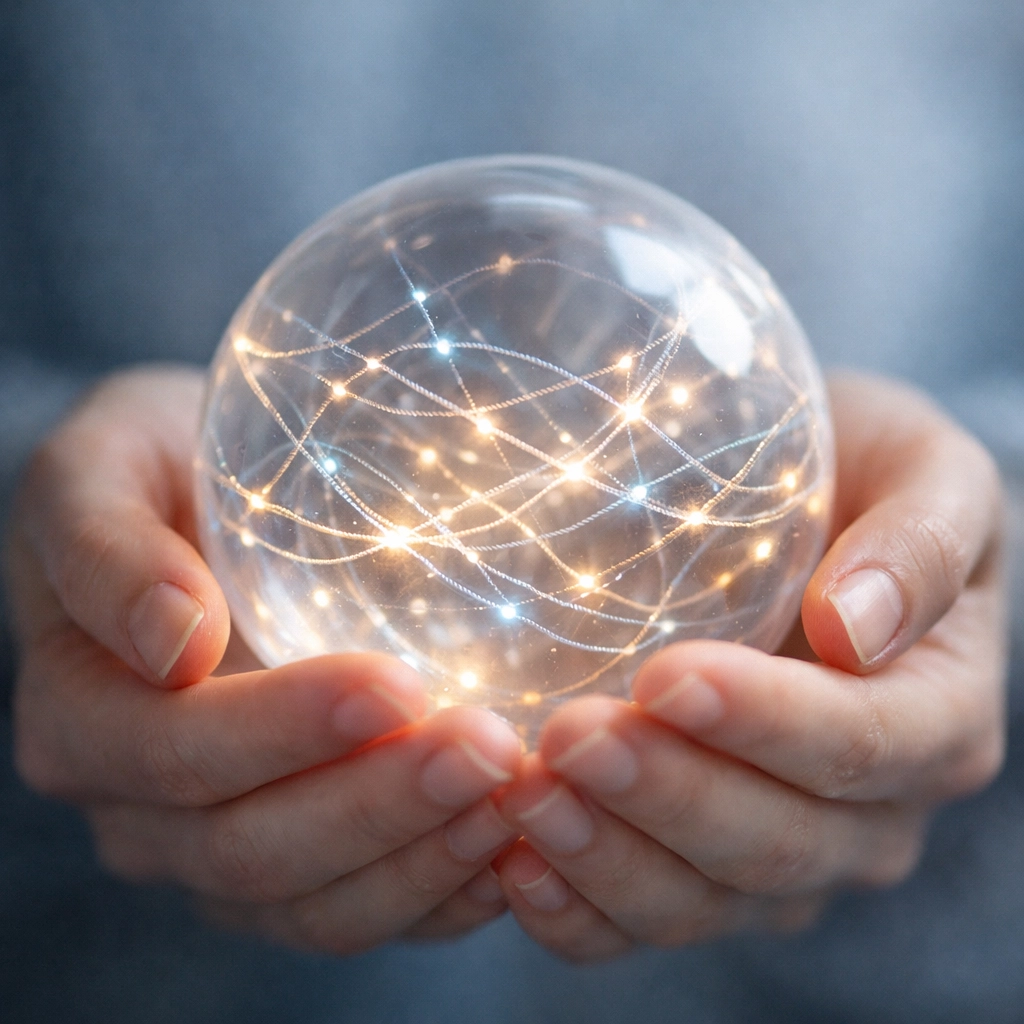 Hands holding symbolic sphere representing connection and trust rebuilding in trauma recovery process