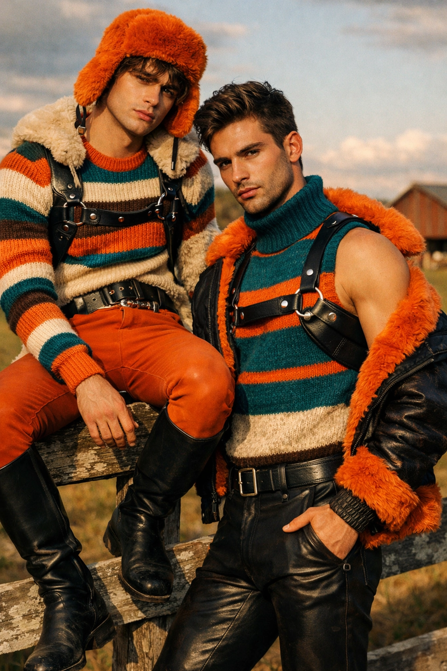 Contemporary MM romance aesthetic with men in equestrian-influenced queer style and leather harnesses.