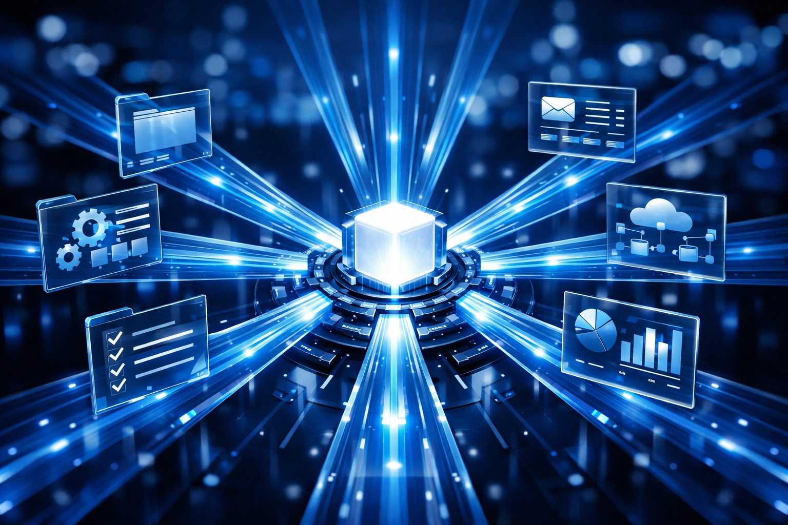 Central automation engine syncing local business search data with integrated CRM and software systems.