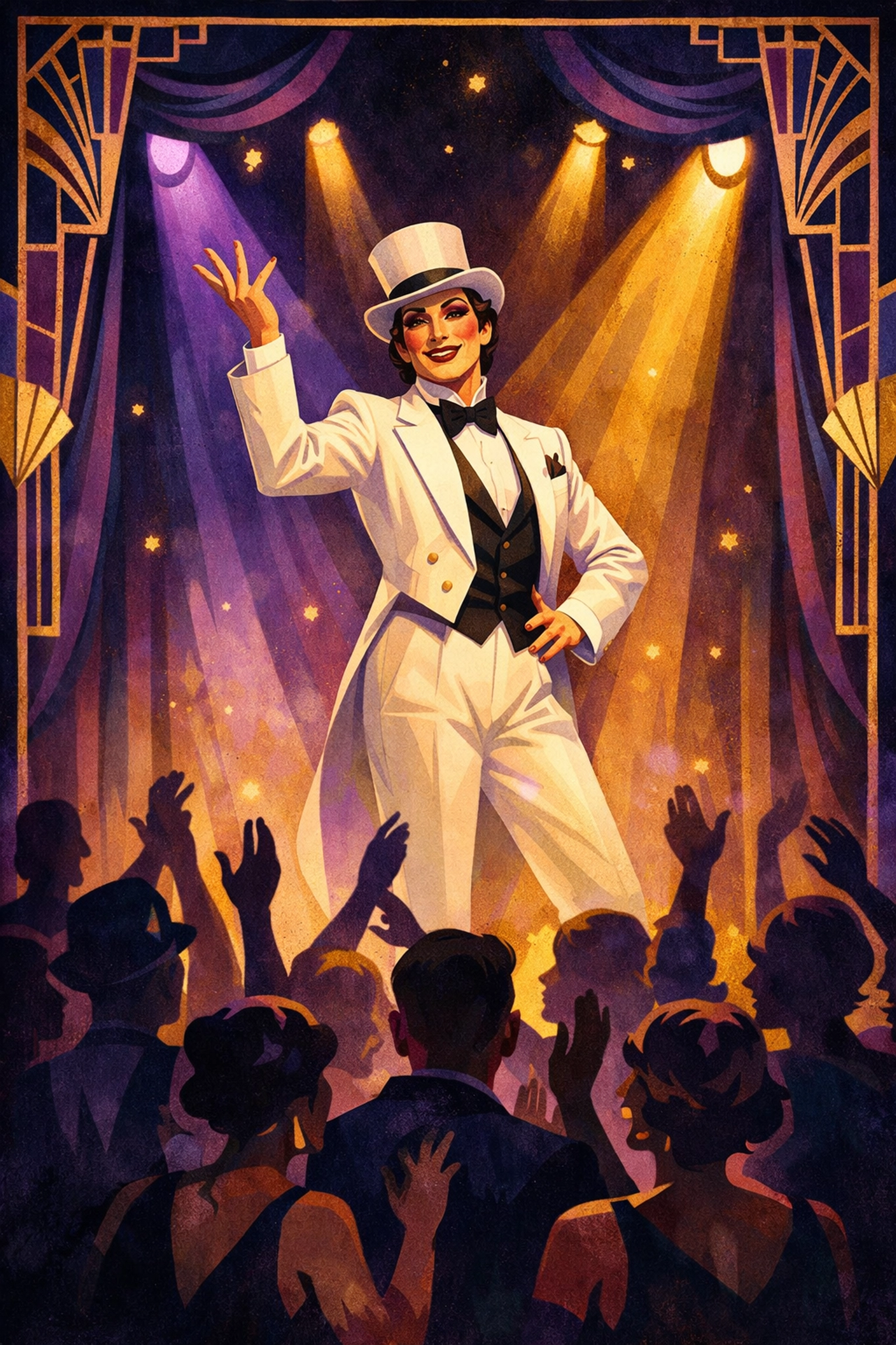 Drag performer in white tuxedo on stage during 1920s Pansy Craze speakeasy era