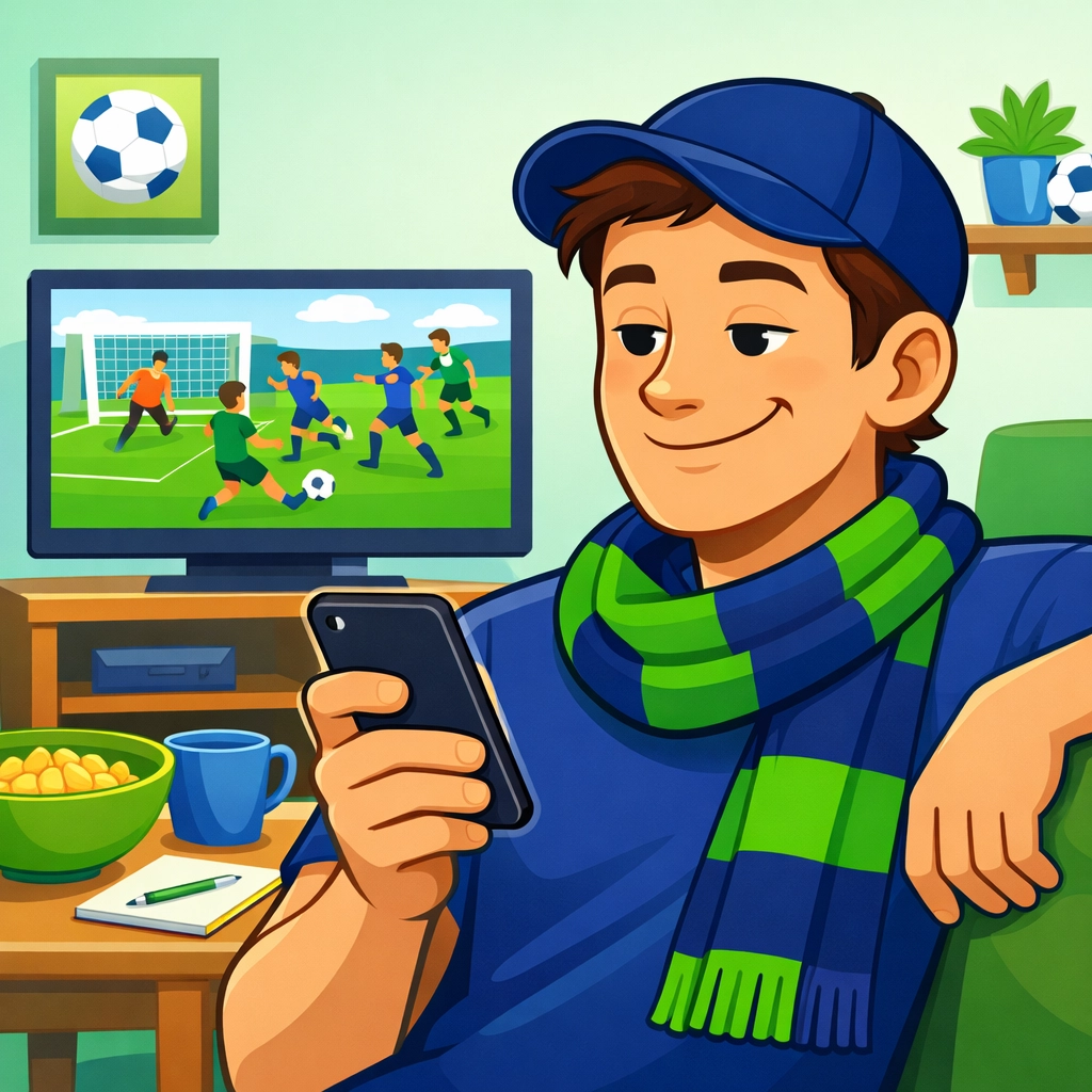 Relaxed football fan using a mobile betting strategy to grow their bankroll during a live match.