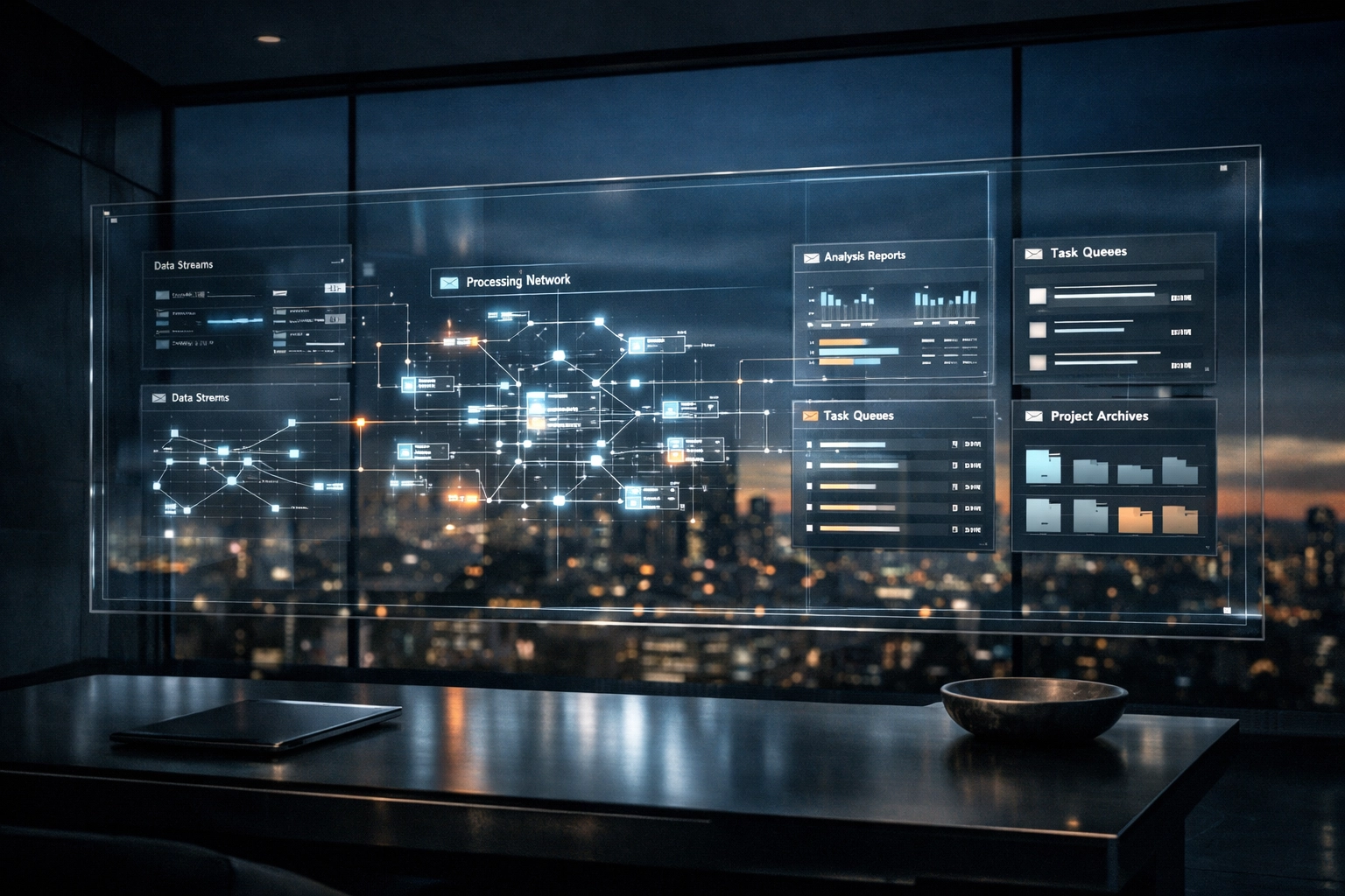 Holographic data interface showing logical sorting of information for structured AI prompts.