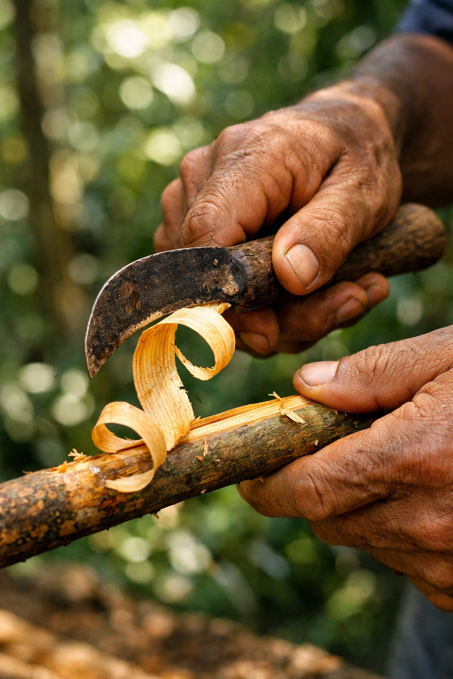 Skilled artisan hand-peeling fresh Ceylon cinnamon bark in a traditional Sri Lankan spice farm.