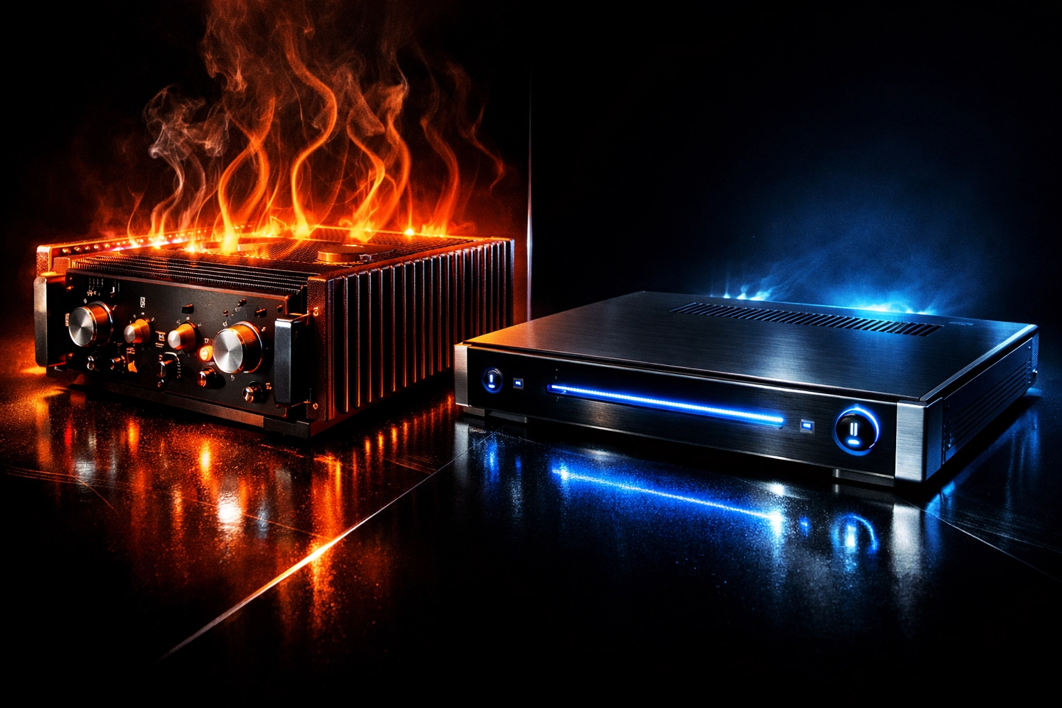 Comparison of traditional amplifier with large heatsink versus compact Class D design