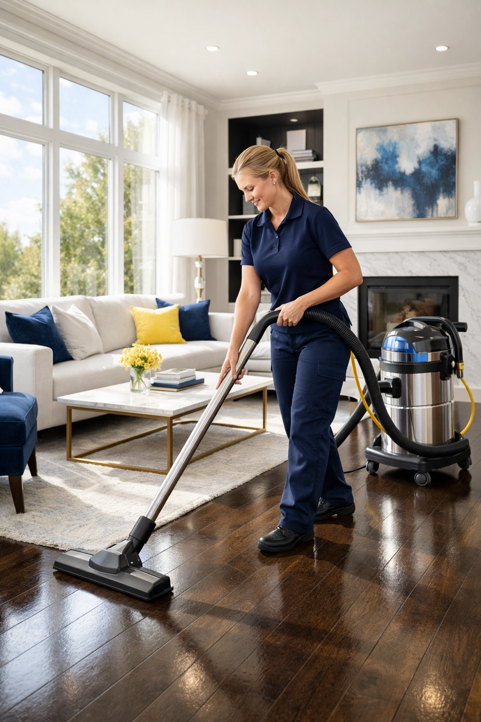 Professional post construction cleaning Littleton team vacuuming dust from new hardwood floors in a modern home.