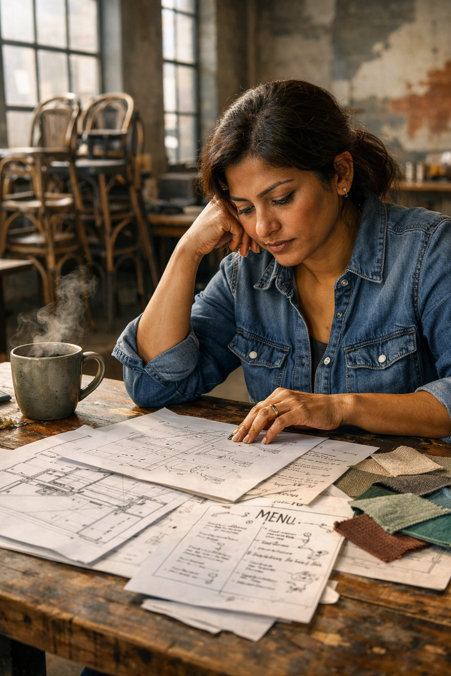 Restaurant founder reviews blueprints and menu mockups to define her brand identity and concept.