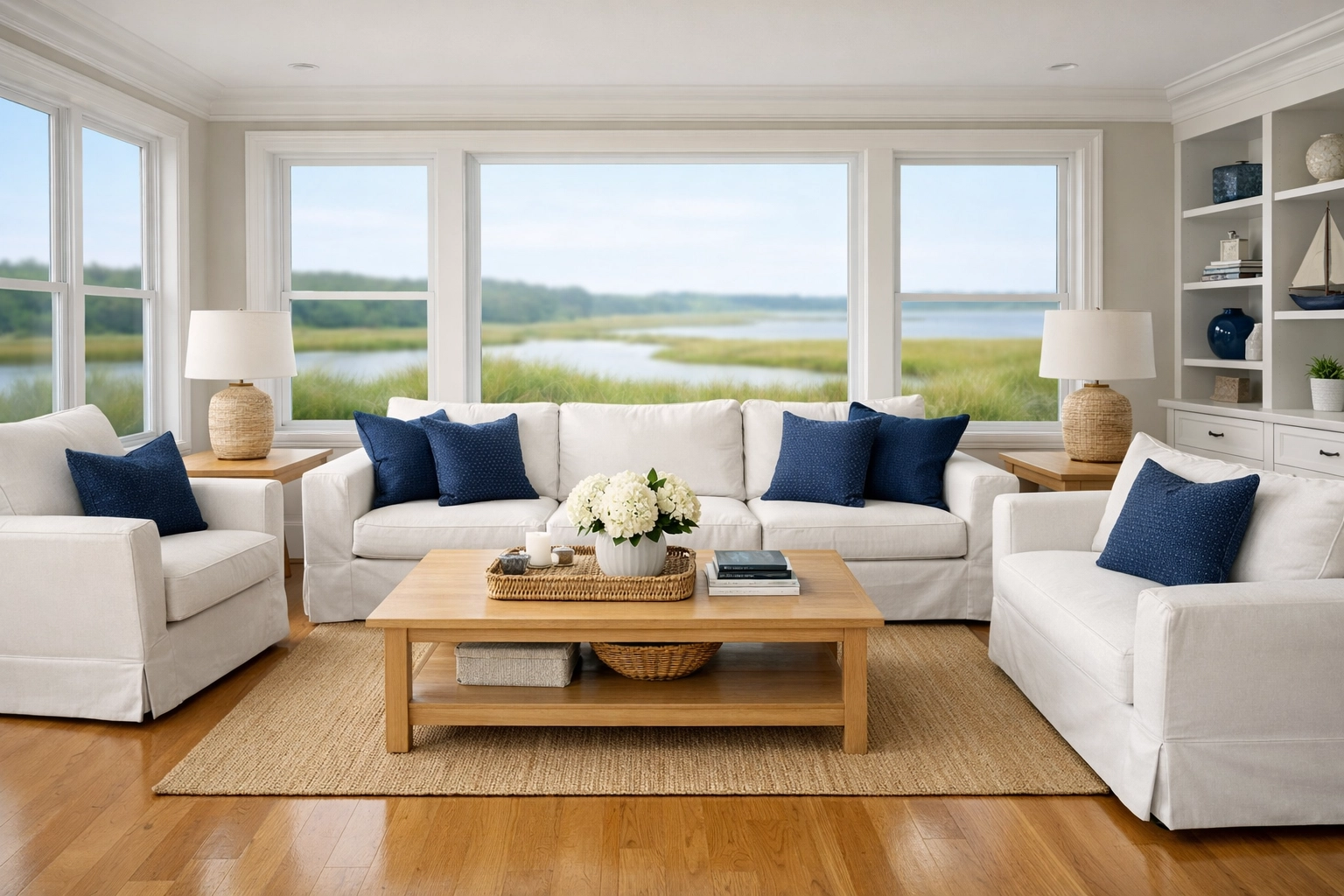 Clean coastal living room in East Harwich maintained with bi-weekly house cleaning East Harwich MA.