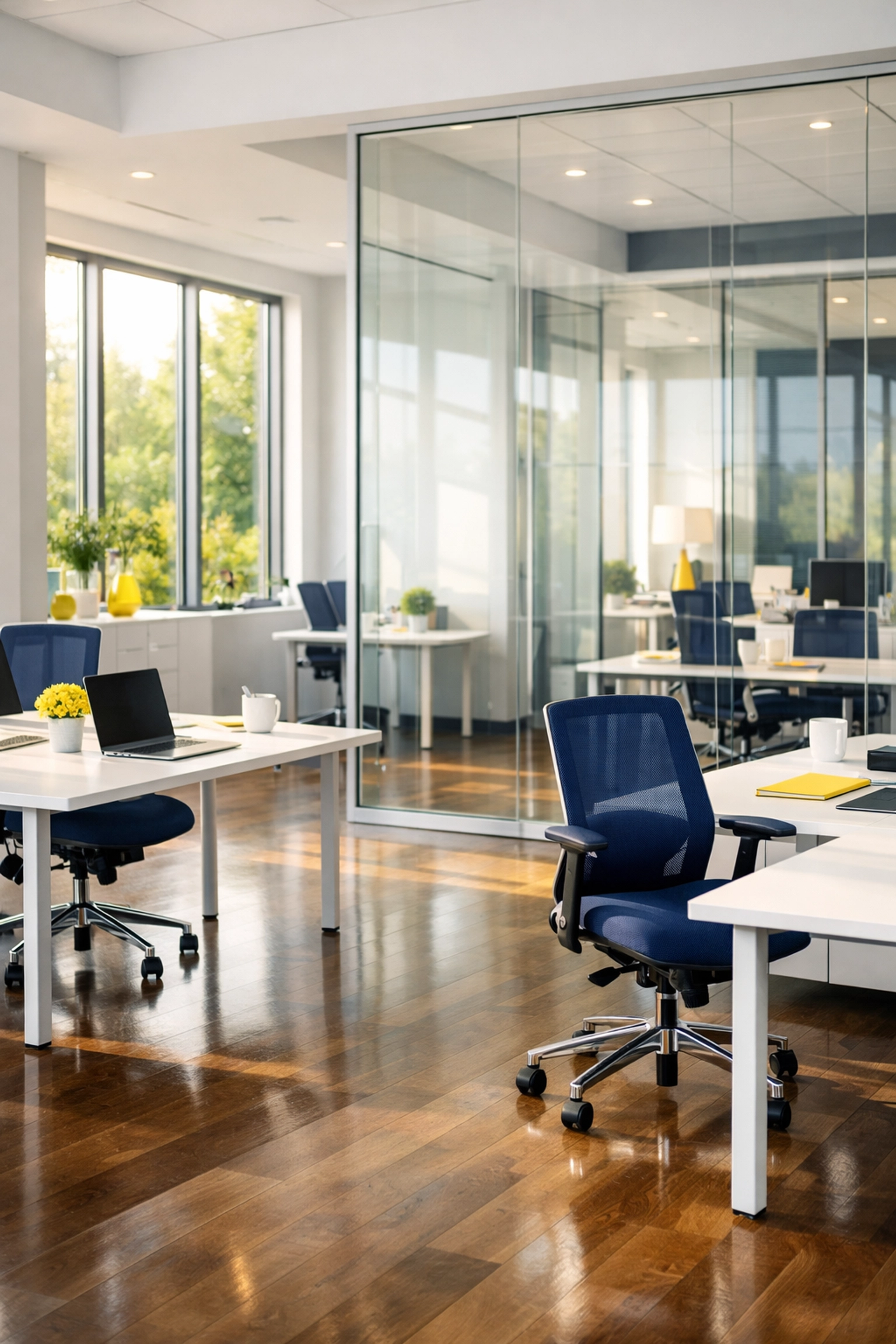Pristine modern office interior showing the high-quality results of professional commercial cleaning in Bedford.