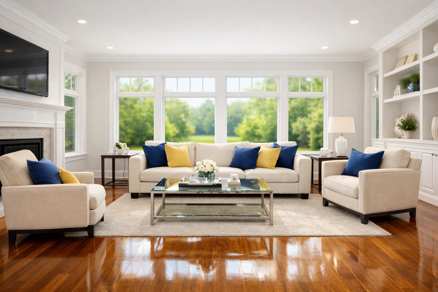 Pristine living room after a weekly house cleaning Hubbardston MA by professional cleaners.