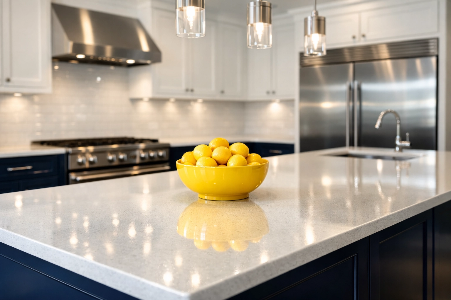 Professionally cleaned Northborough kitchen featuring sparkling white quartz countertops and polished appliances.