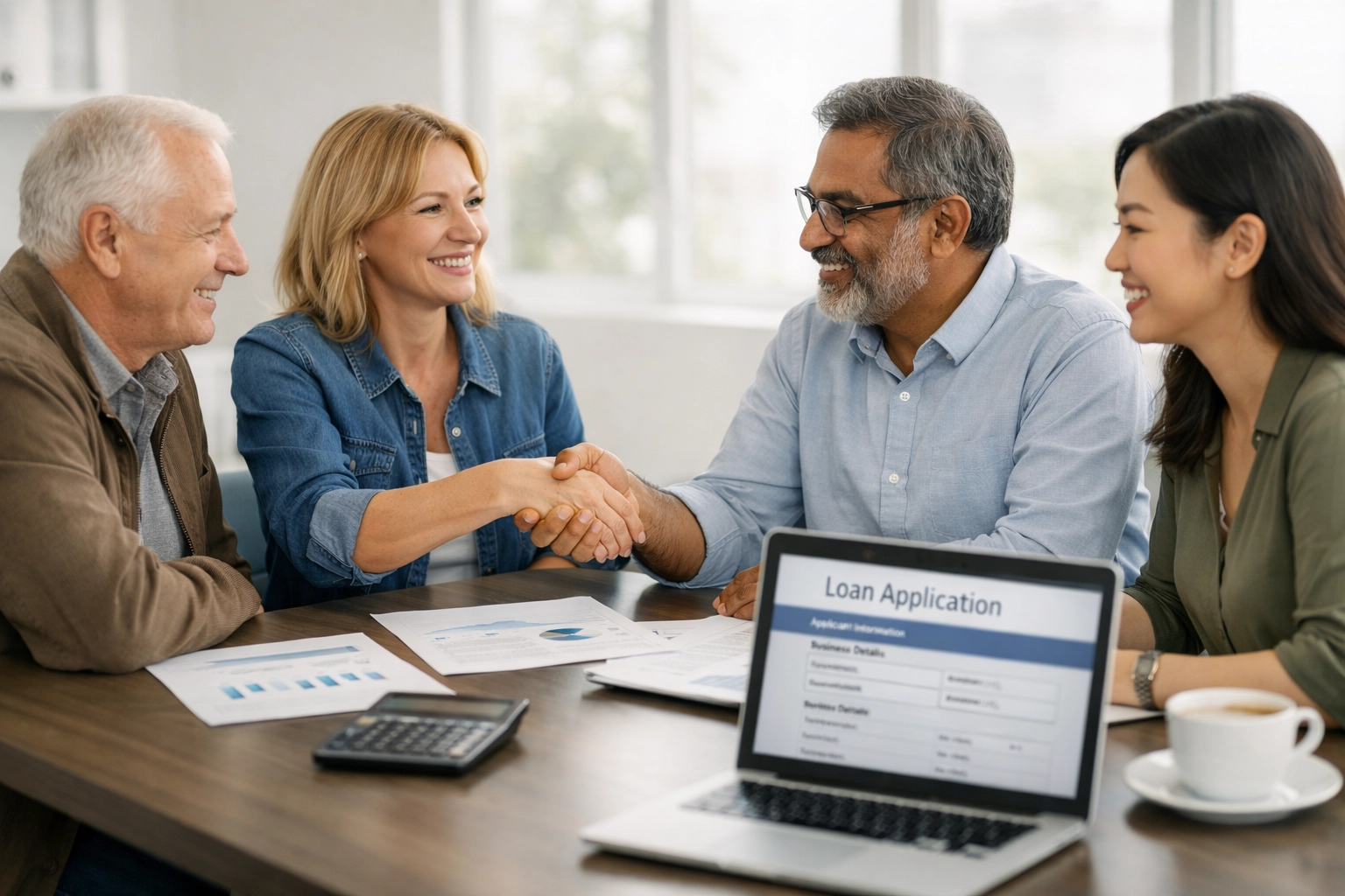 Canadian business owners reviewing loan applications and financing options in meeting