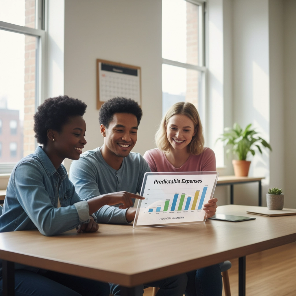 Three smiling young people looking at a bar graph titled 'Predictable Expenses' on a clear tablet.
