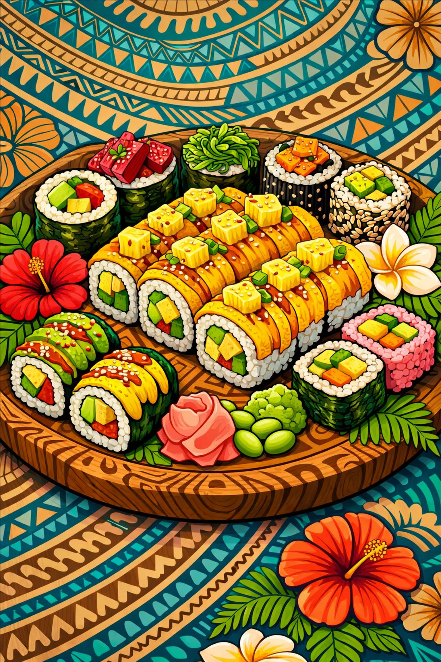 A wooden platter of fresh Daikon Vegan Sushi including the signature Yellow Magic Roll for Talofa Fest.