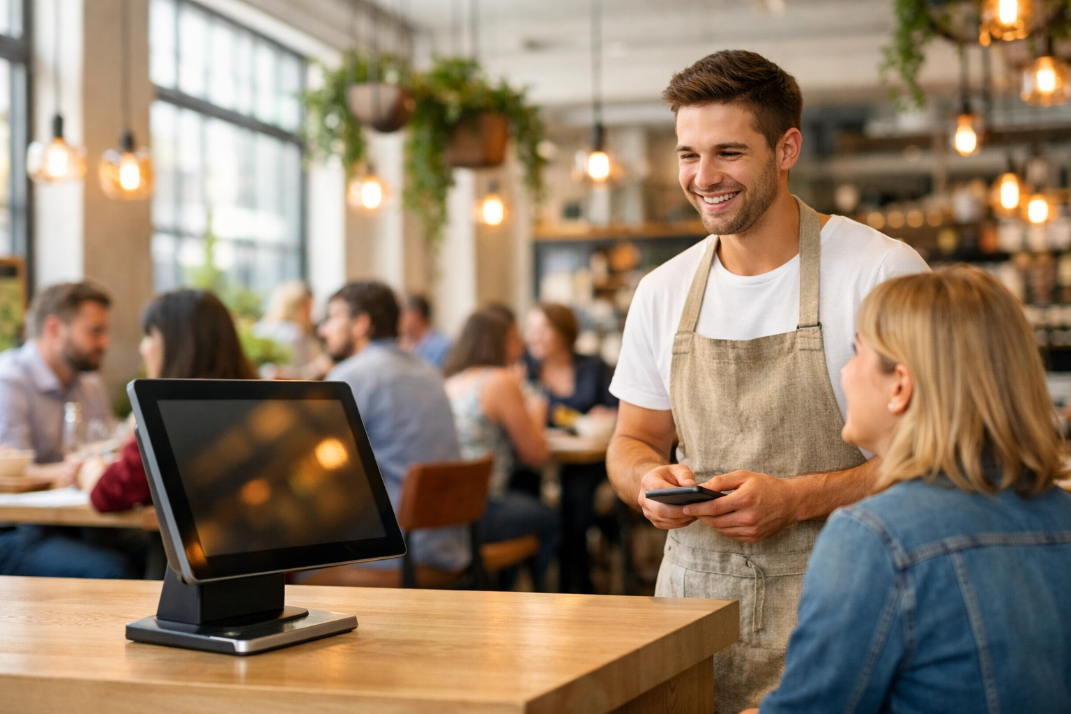 A modern London bistro using a sleek restaurant POS system at the service counter.