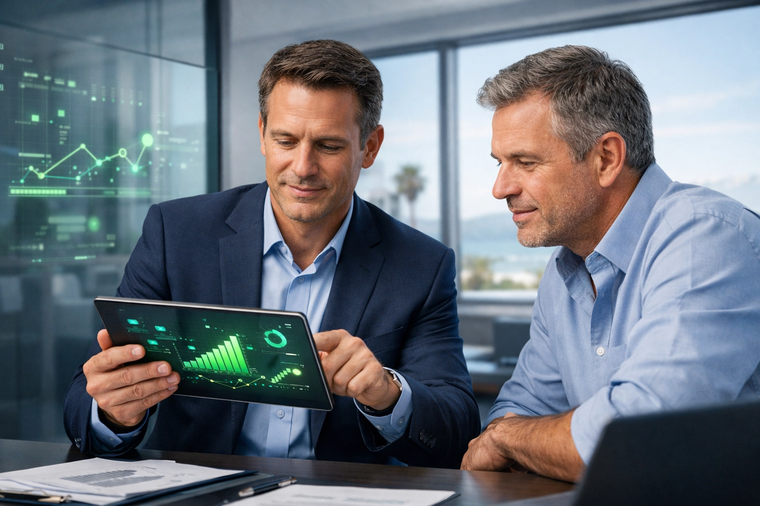 A CMMC auditor and Ventura business owner reviewing digital compliance documents in a professional office.